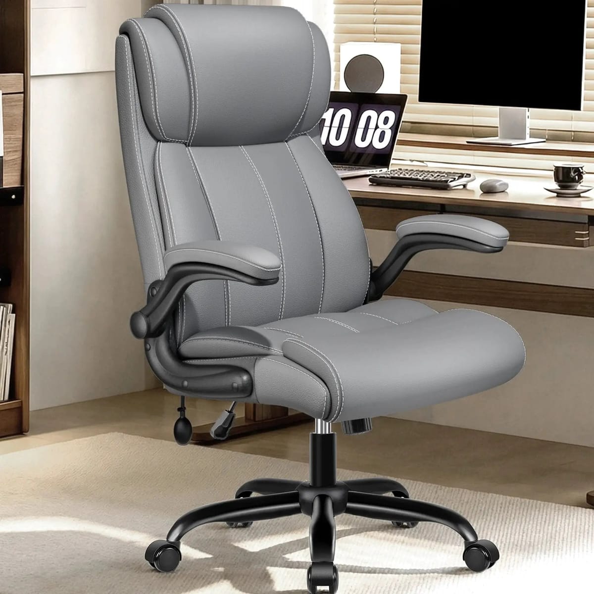 Coolhut big and tall office chair with adjustable lumbar support, padded flip-up arms, high back, light gray, heavy-duty design.