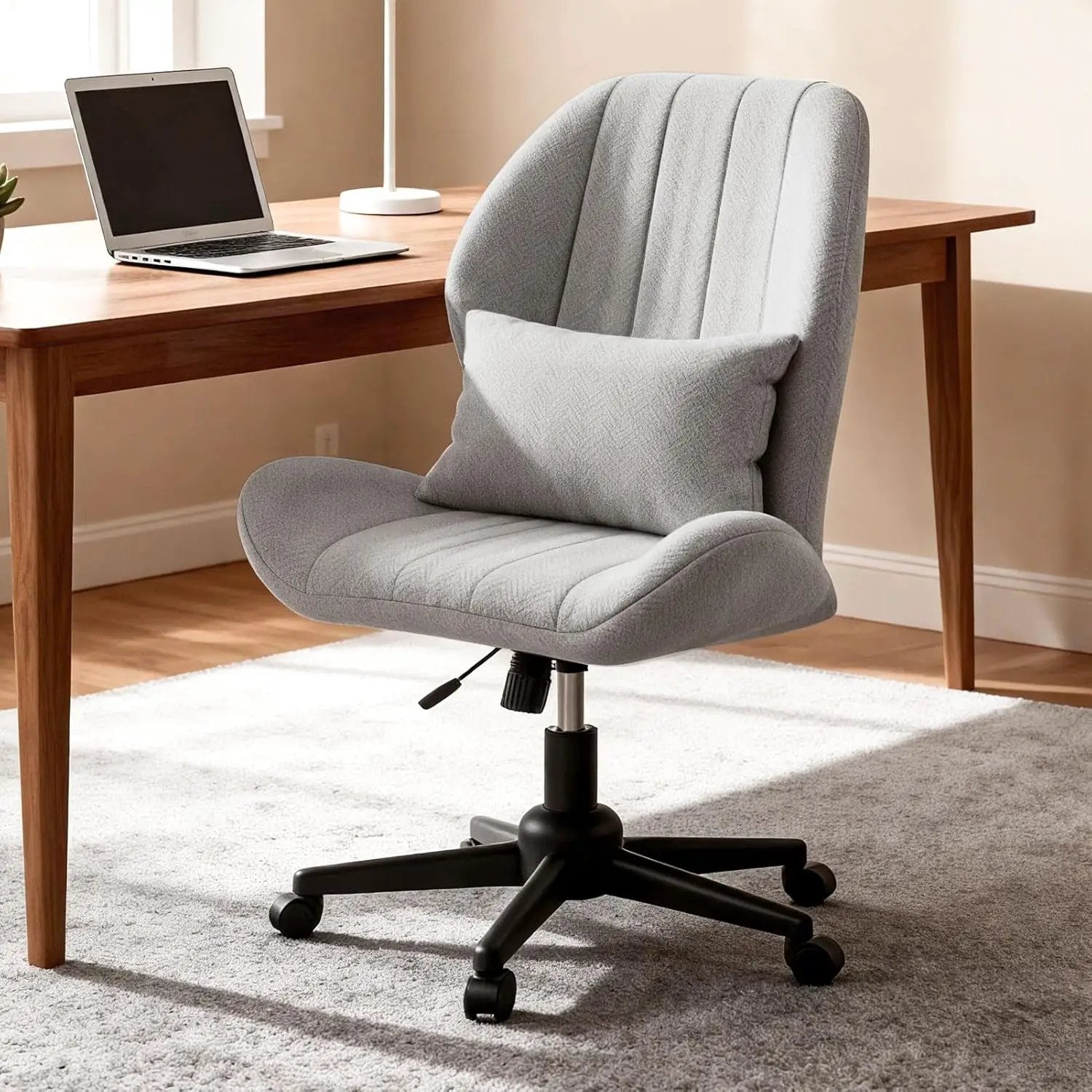 ZZW Criss Cross Chair with Wheels, Wide Cross Legged Office Chair Armless Comfy Desk Chair with Tall Back Vanity Chairs with Stress Relief Curved Design Seat for Bedroom & Office & Home Oatmeal