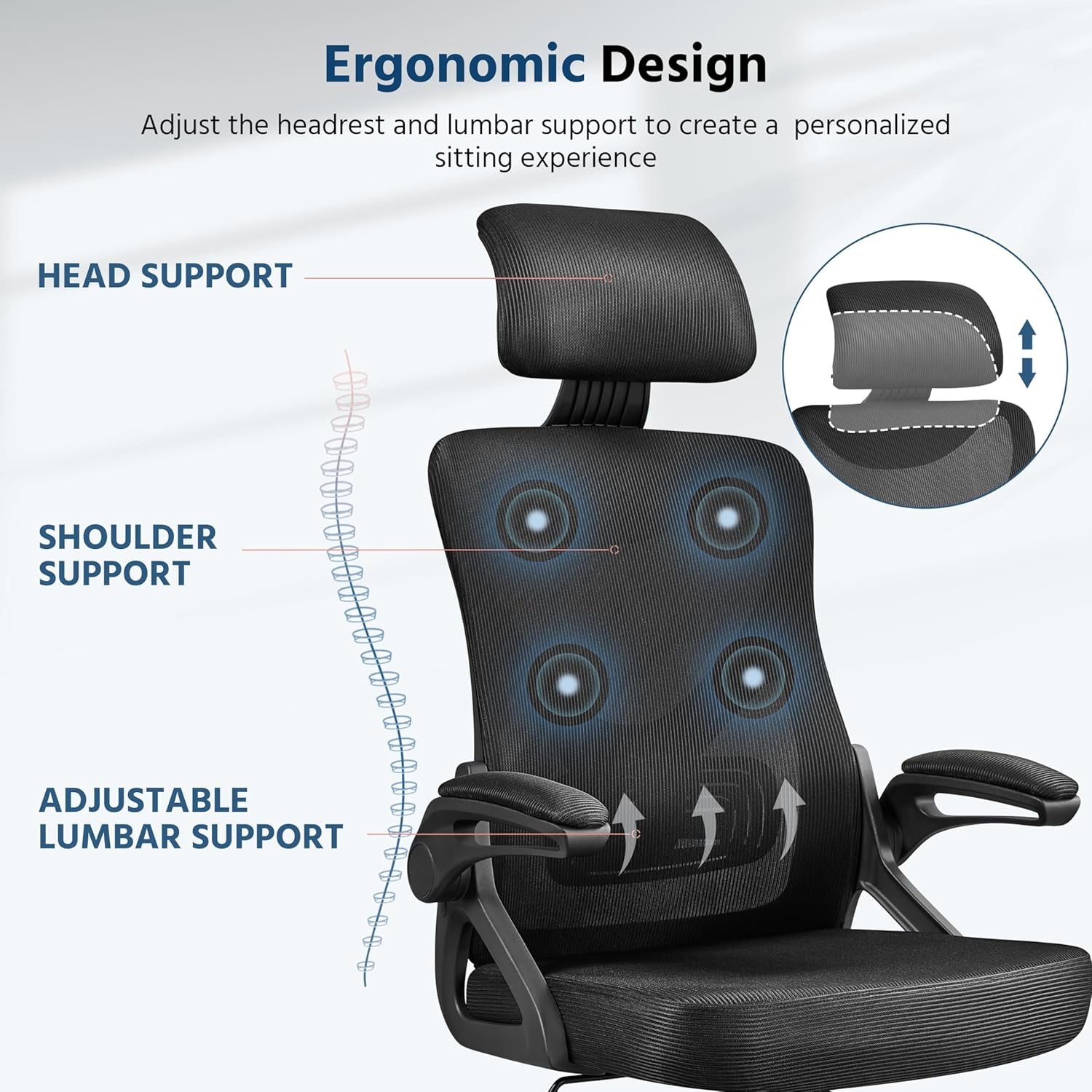 Yaheetech Ergonomic Office Chair with Headrest, Lumbar Support, Black | Breathable Mesh High-Back Adjustable Headrest, Padded Seat, and Flip-Up Armrests Supports Your Back and Neck, Holds 300Lb