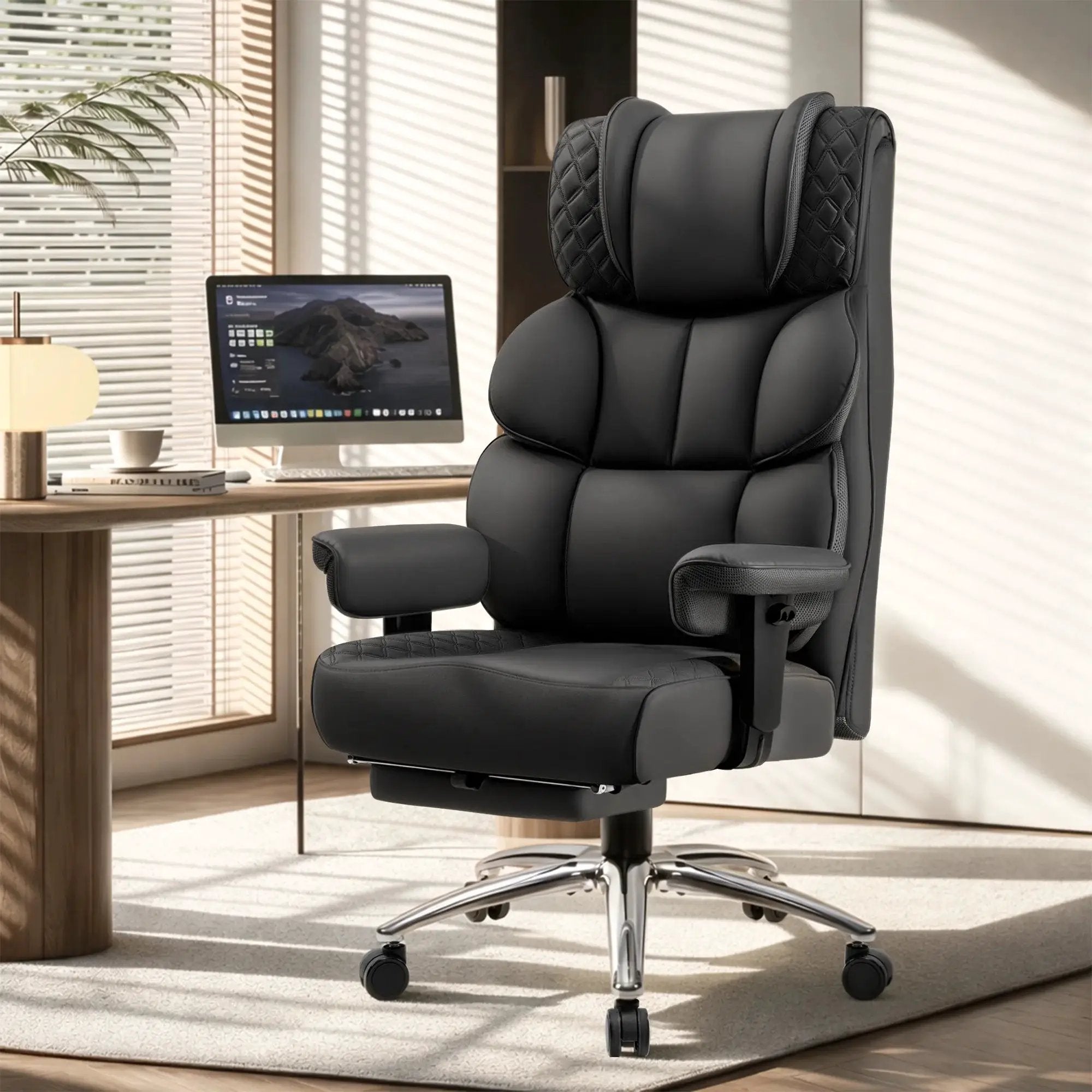 FASTES Office Desk Chair, Big and Tall Office Chair 400Lbs Gaming Chair with Footrest, Ergonomic Executive High-Back Reclining Computer Chairs, Swivel Wheels and Lumbar Support, Black