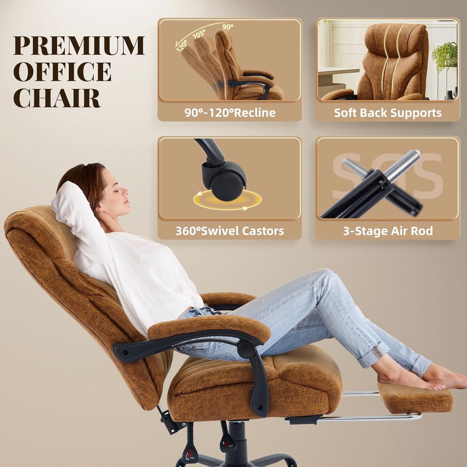 Big and Tall Office Chairs with Foot Rest,500Lbs Wide Ergonomic Gaming Chair,90-155°Recline Executive Leather Computer Chairs with Adjustable Height,Brown