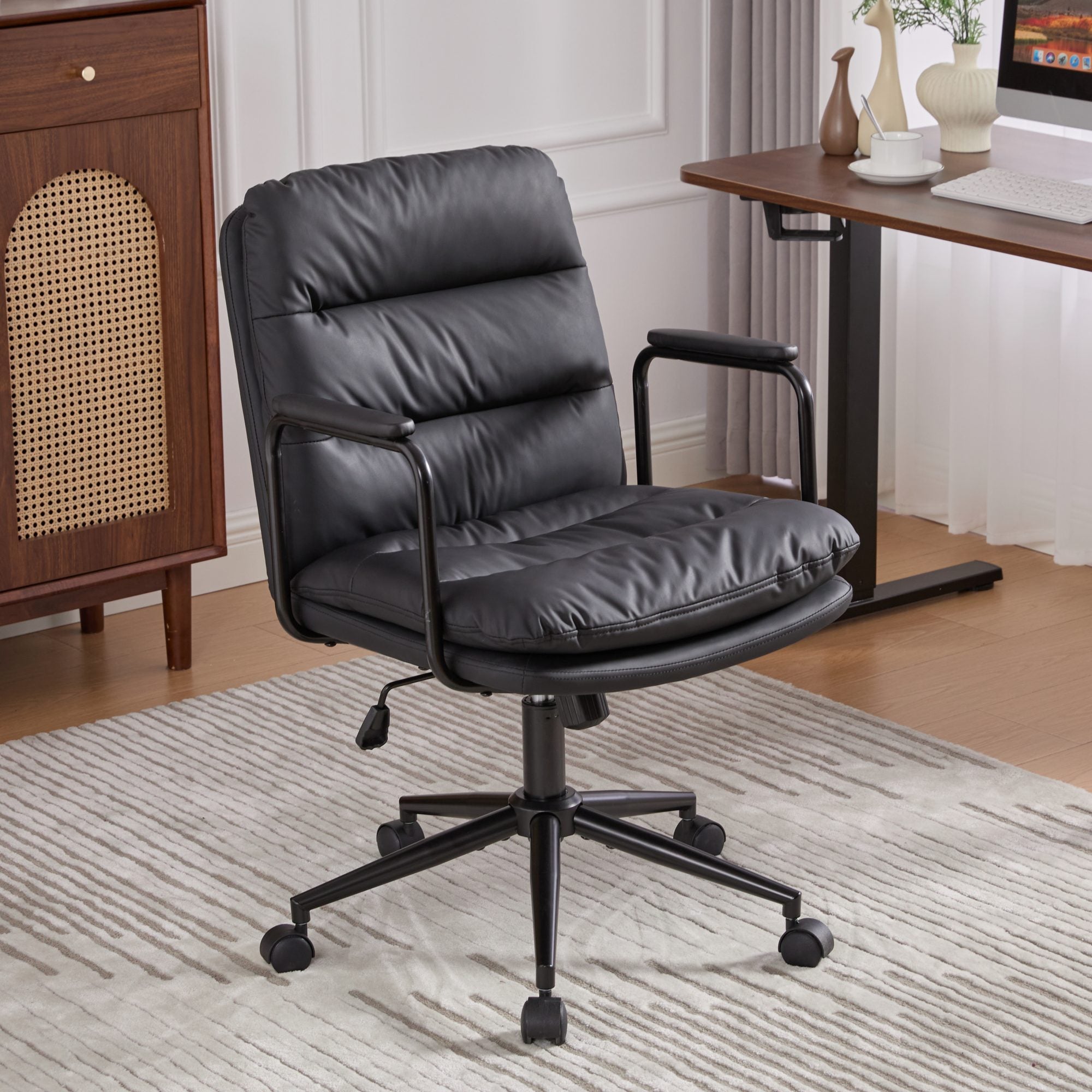 Black PU Leather Mid Back Ergonomic Office Chair Swivel Desk Task Chair - Platinum-Level Office Chairs