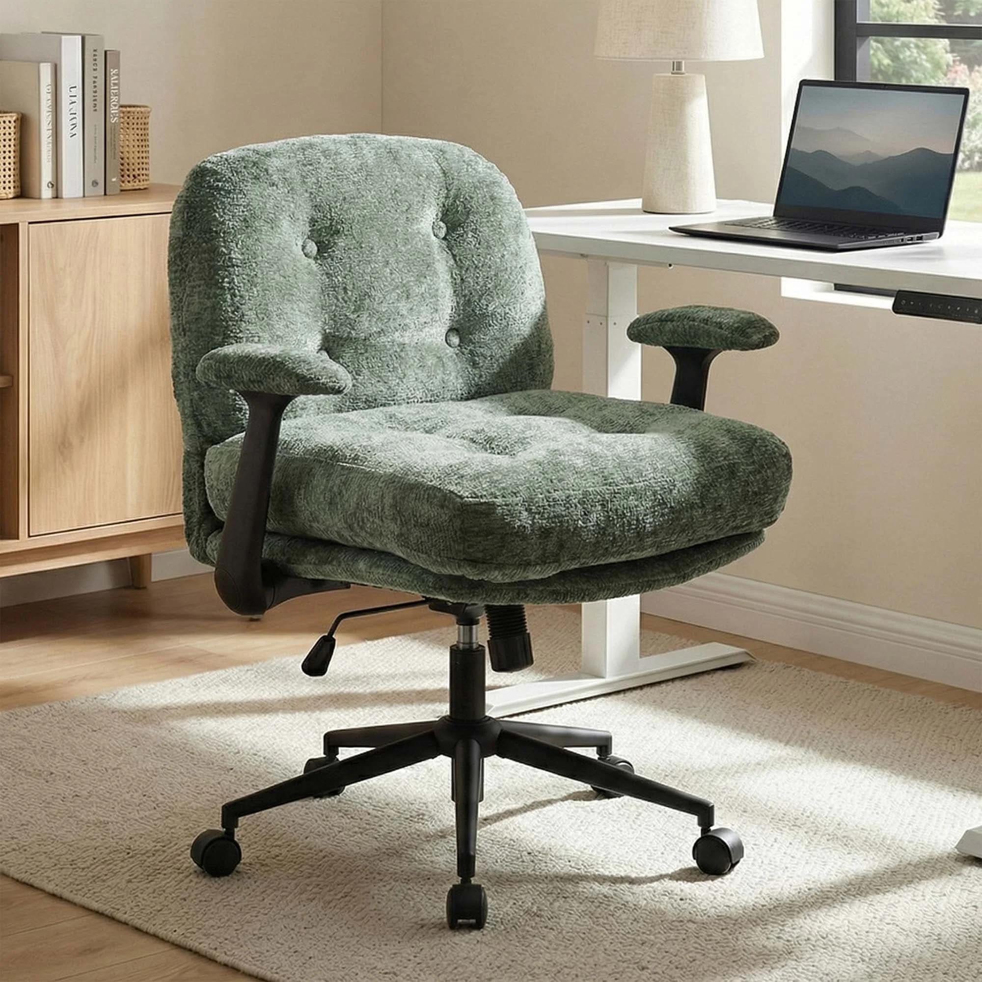 Green Velvet Like Chenille Swivel Desk Chair with Armrest