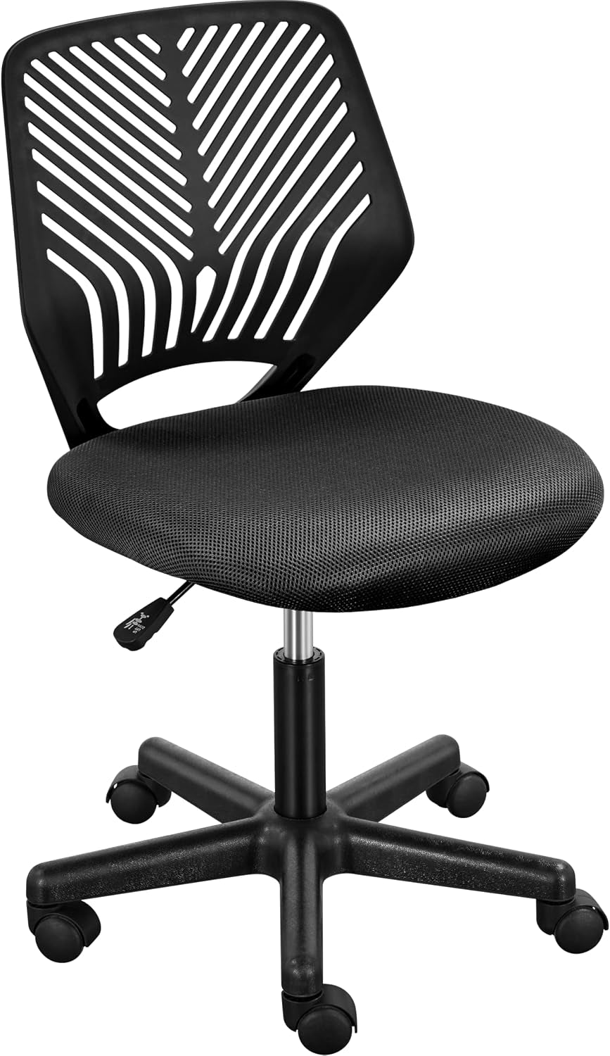 Yaheetech Small Desk Chair, Armless Adjustable Swivel Seat, Black | Padded Mesh Seat and Ventilated Resin Back, Compact Armless Frame Rolls and Adjusts for Study and Small Desks, Holds 300 Lb.