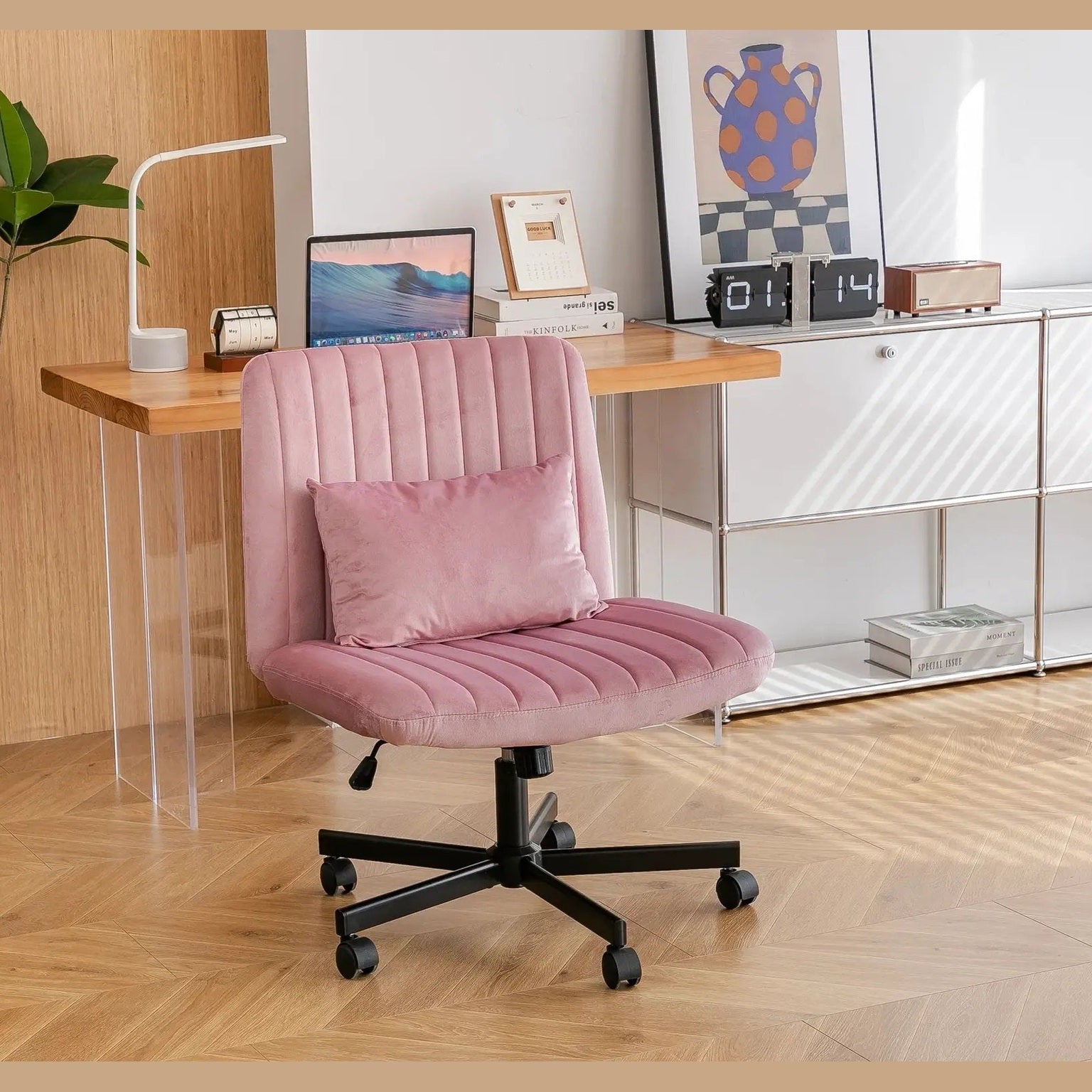 Light Pink Velvet Criss Cross Armless Office Chair With Wheels Makeup by Platinum-Level Office Chairs