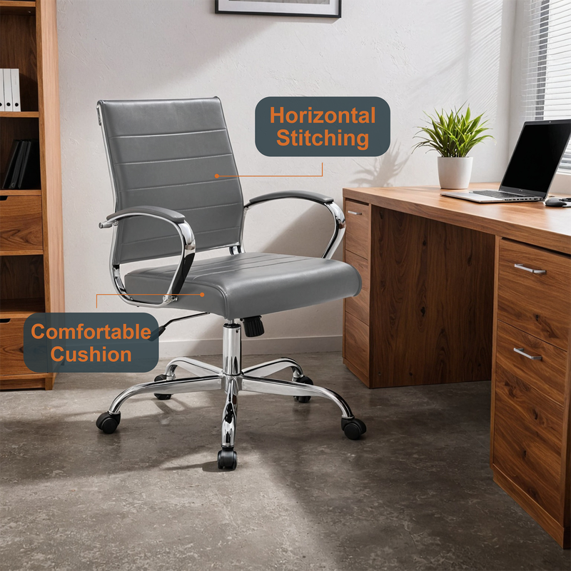 30 PCS Benmar Leather Office Desk Computer Chair with Ribbed Seat and Steel Frame - Grey