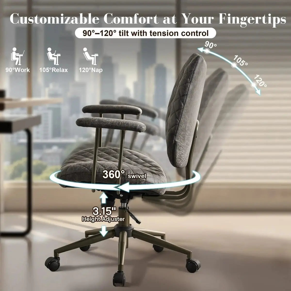 HOOOWOOO Mid-Century Leather Ergonomic Adjustable Swivel Office Chair