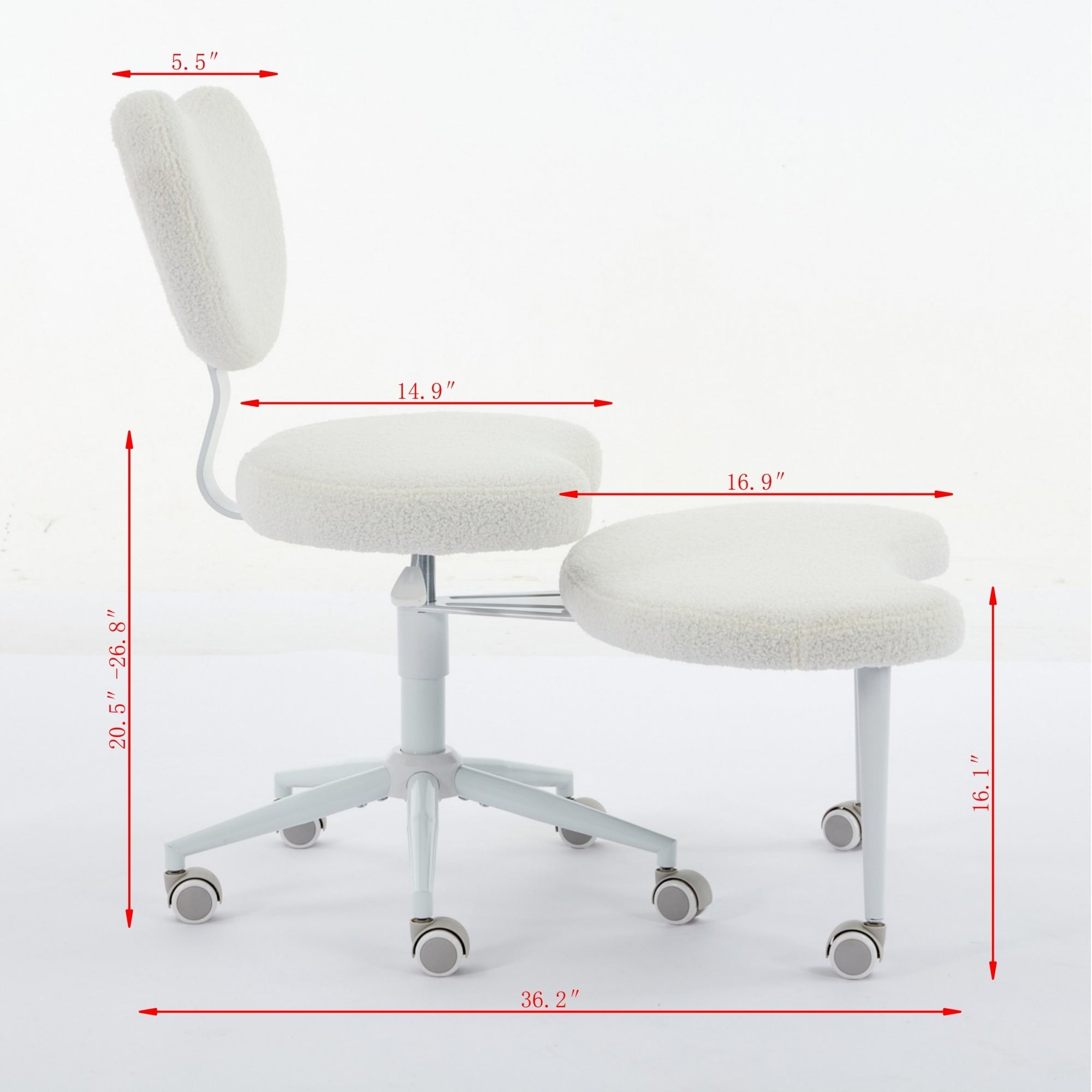 Cross-legged meditation chair with wheels and matching ottoman; plush white upholstery with lumbar support.