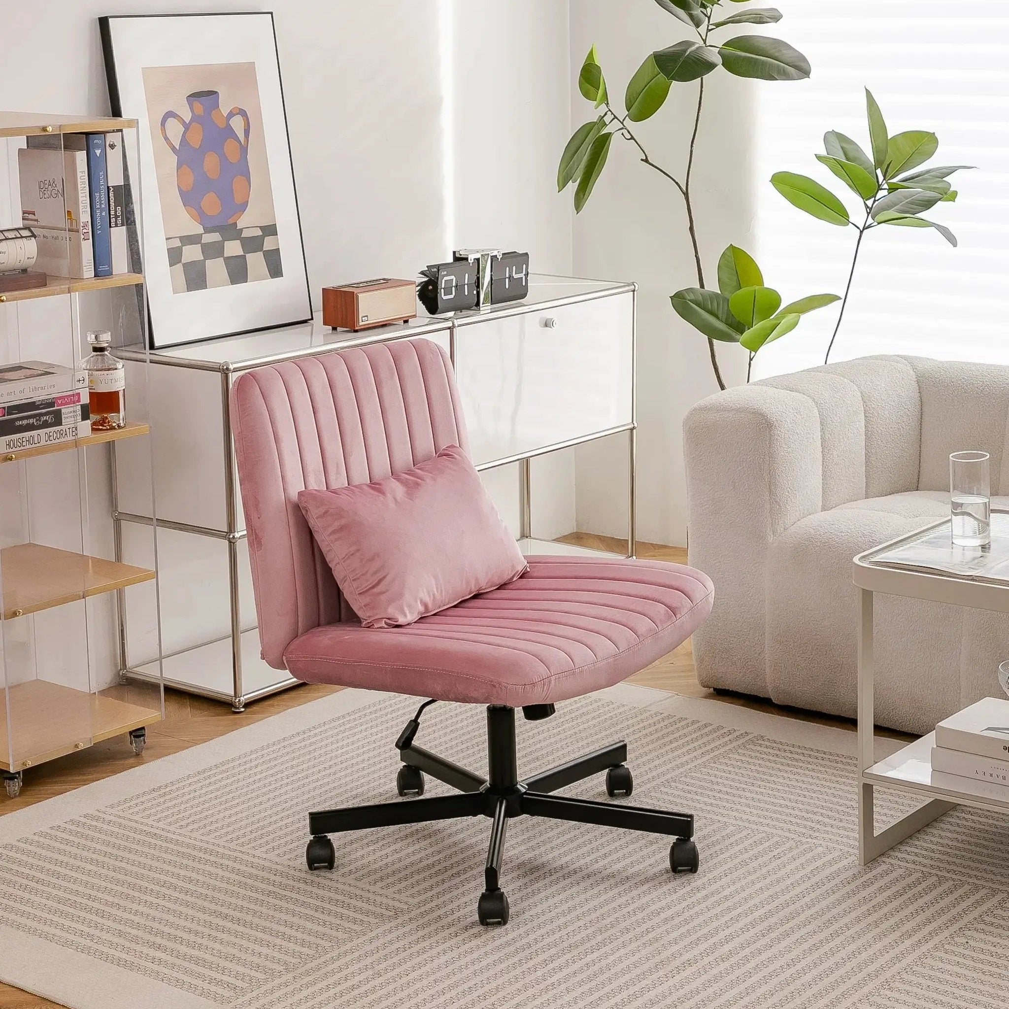 Light Pink Velvet Criss Cross Armless Office Chair With Wheels Makeup by Platinum-Level Office Chairs
