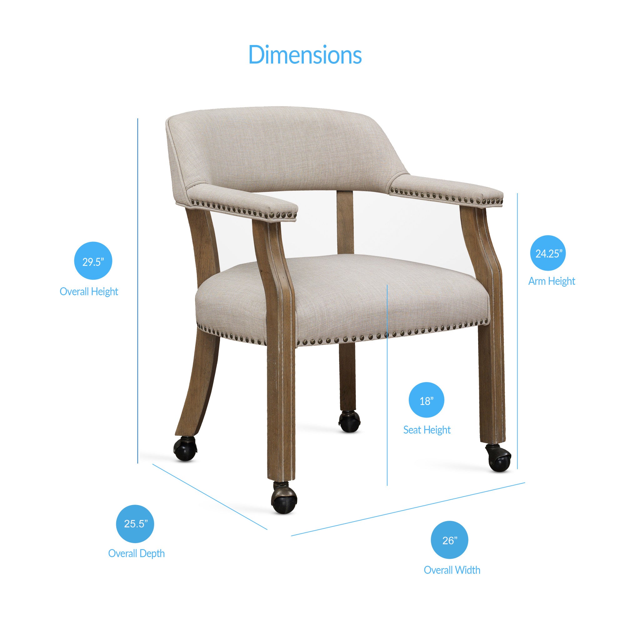 Monroe Sand Beige Caster Dining and Game Chair - dimensions