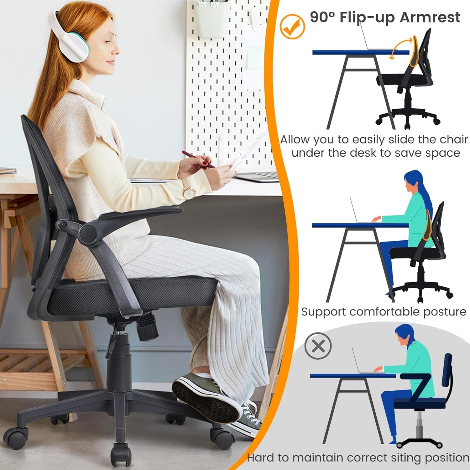 Yaheetech Mid-Back Mesh Task Office Desk Chair with Flip-Up Arms, Black | Breathable Mesh Back and Foam-Padded Seat for All-Day Comfort; Sturdy Metal Frame, Height Adjustable, and Easy to Assemble