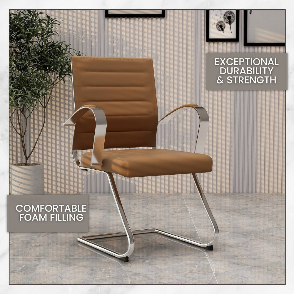 24 PCS Benmar Leather Upholstered Computer Office Chair with Sled Base, Padded Armrests for Home or Office - Light Brown