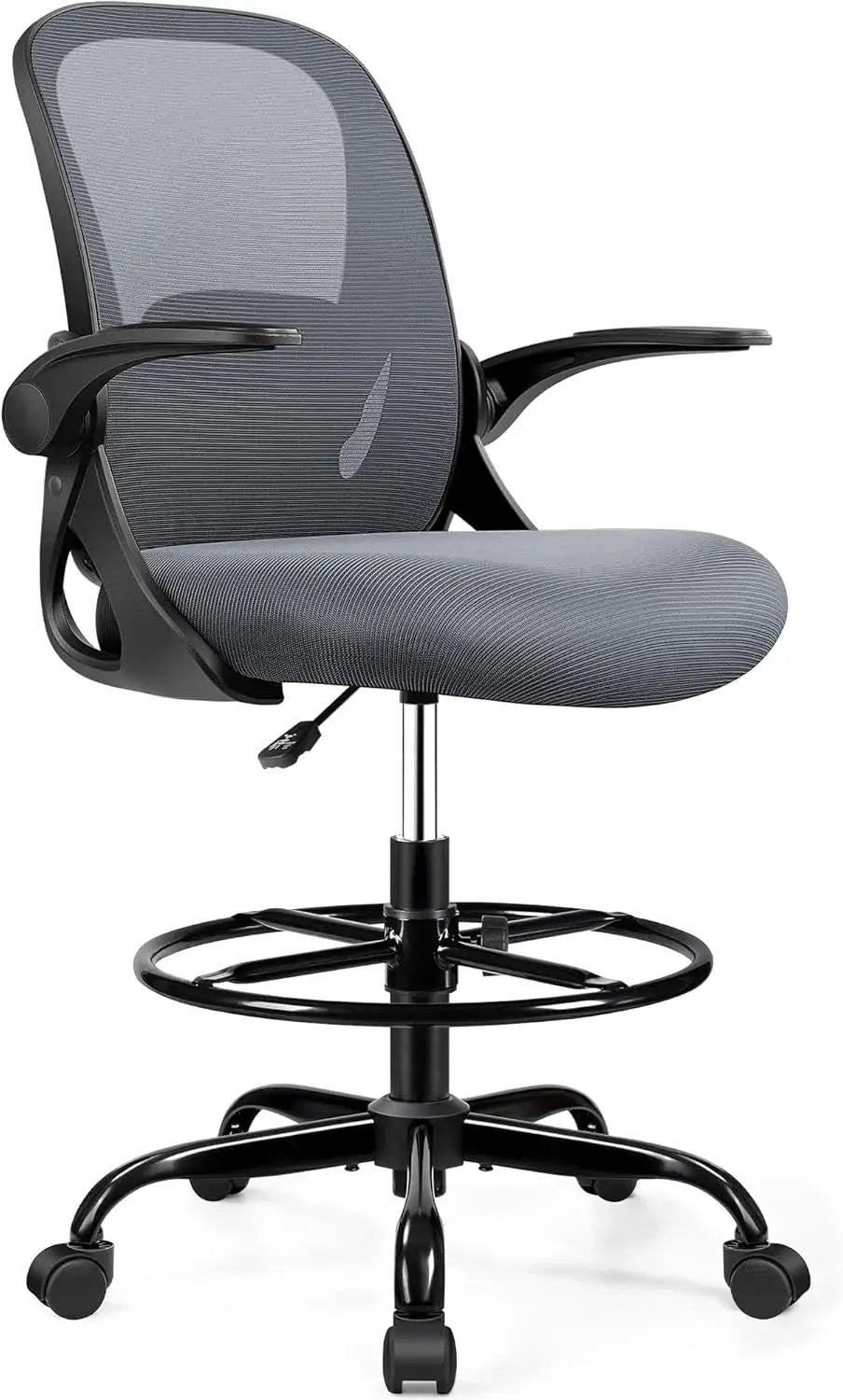 Ergonomic gray mesh office chair with adjustable armrests and footrest ring for workspace comfort