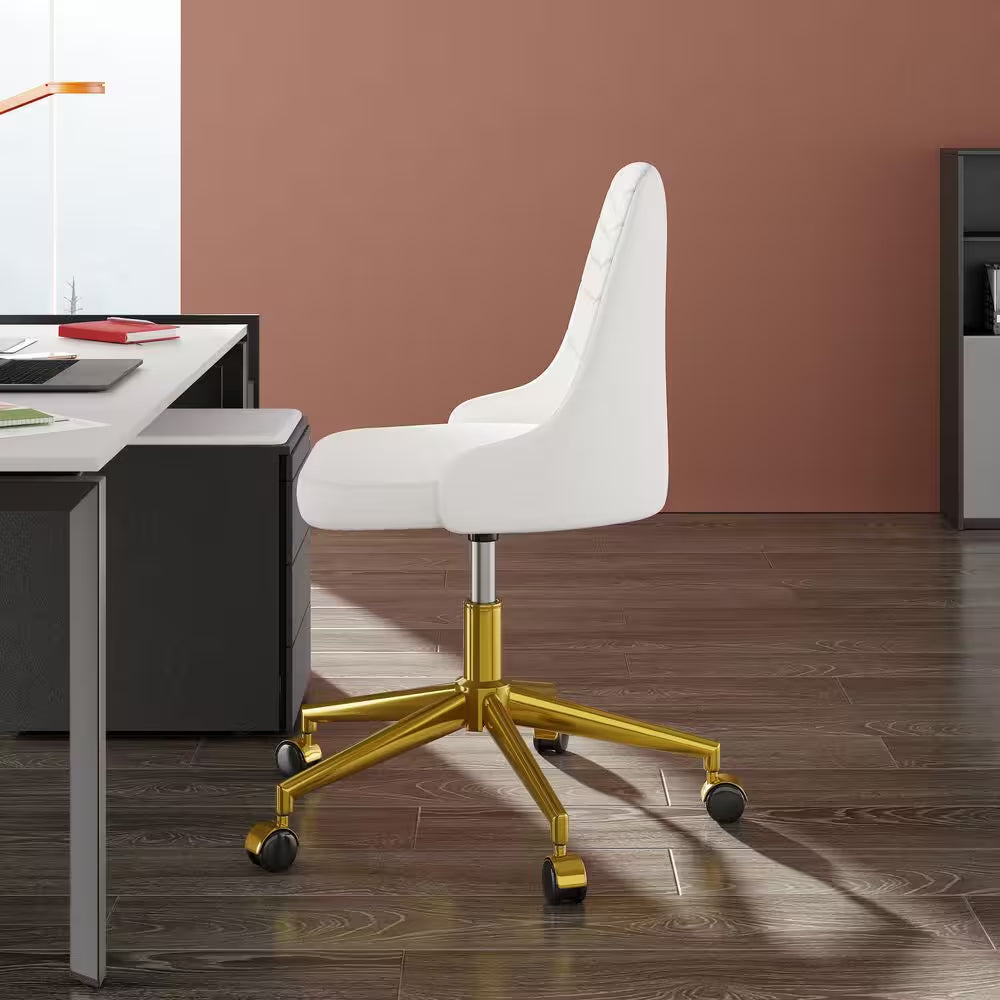 Height-Adjustable Velvet Office Chair with 360° Swivel, Gold Base, Rolling Desk Chair White for Living Room or Makeup