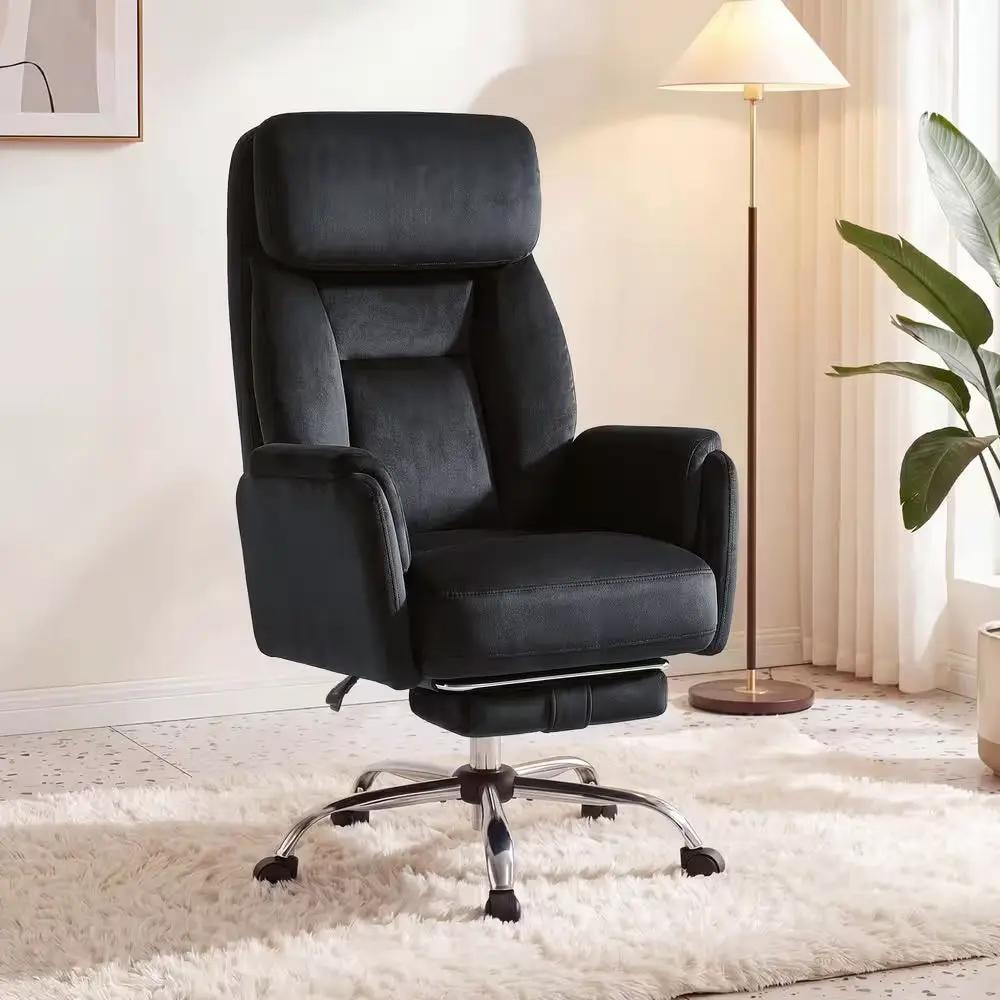 Big and Tall Velvet Footrest Office Chair in Black, Cross Legged Computer Desk Chair with Flip Adjustable Arms