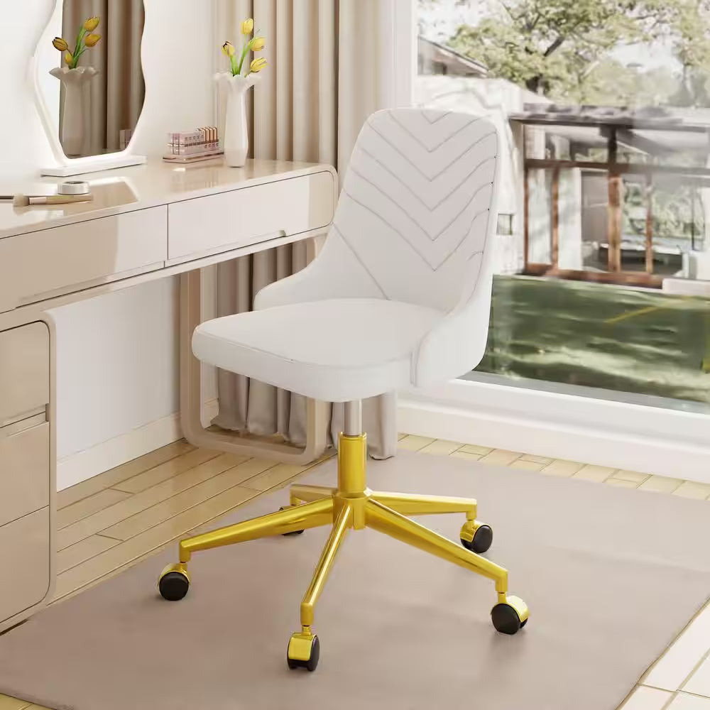 Height-Adjustable Velvet Office Chair with 360° Swivel, Gold Base, Rolling Desk Chair White for Living Room or Makeup