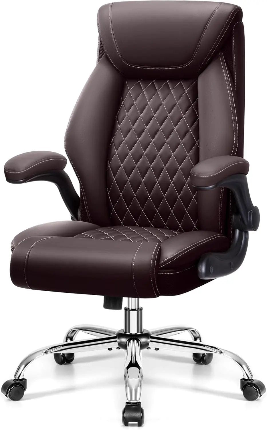 Big and tall ergonomic office chair by BestGlory with high back, breathable leather, lumbar support, flip-up armrests, and rocking function.