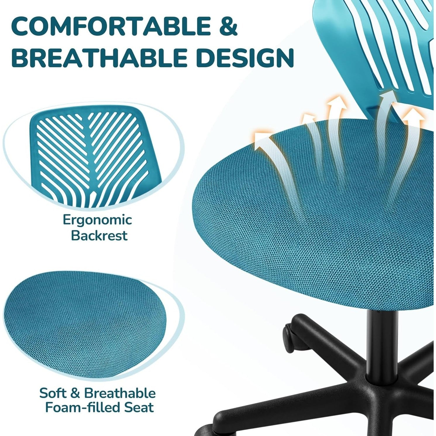 Yaheetech Small Desk Chair, Armless Adjustable Swivel Seat, Turquoise | Padded Mesh Seat and Ventilated Resin Back, Compact Armless Frame Rolls and Adjusts for Study and Small Desks, Holds 300 Lb.