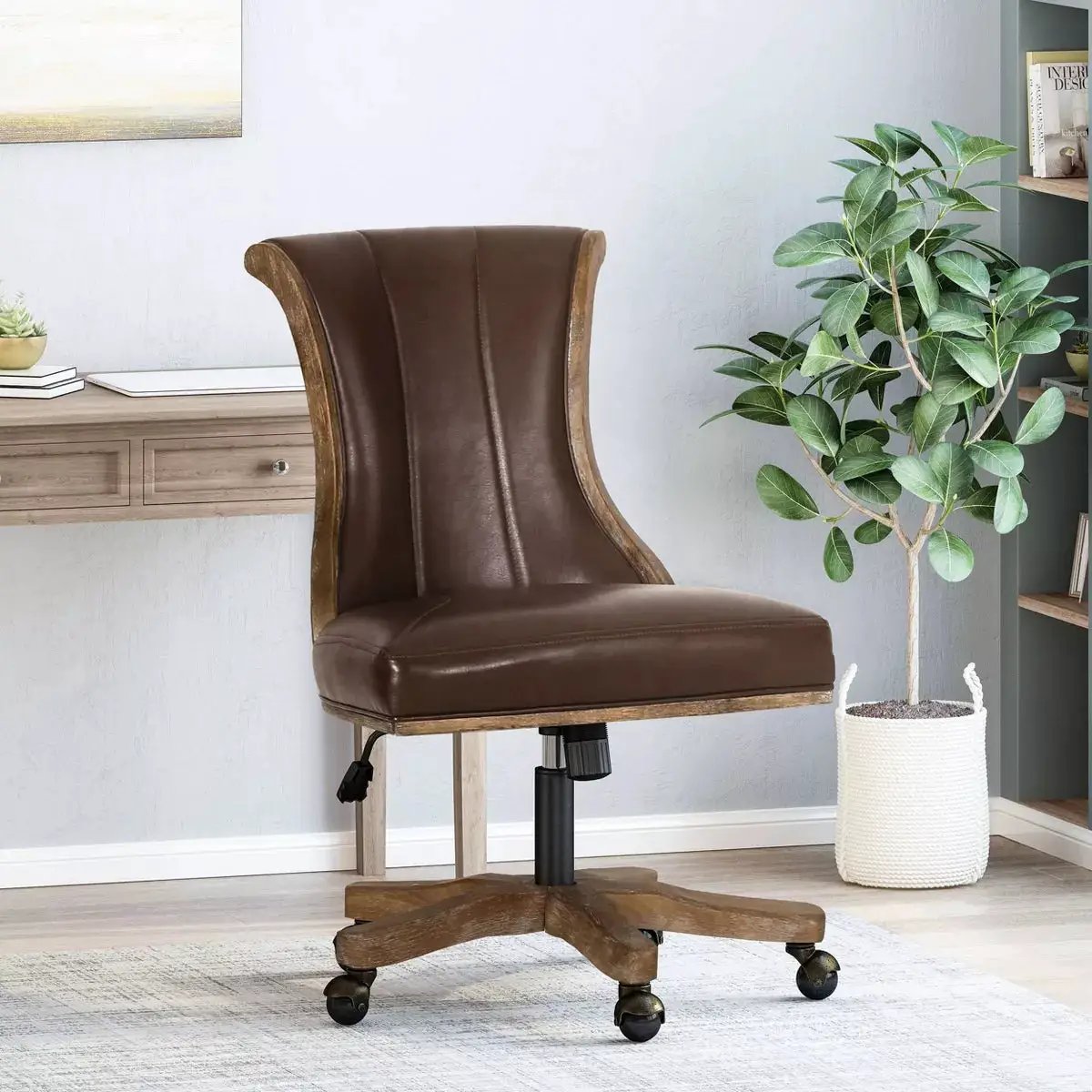 Coulee Contemporary Upholstered Roll Back Swivel Office Chair Dark Brown/Natural - Christopher Knight Home: Ergonomic, Adjustable Height