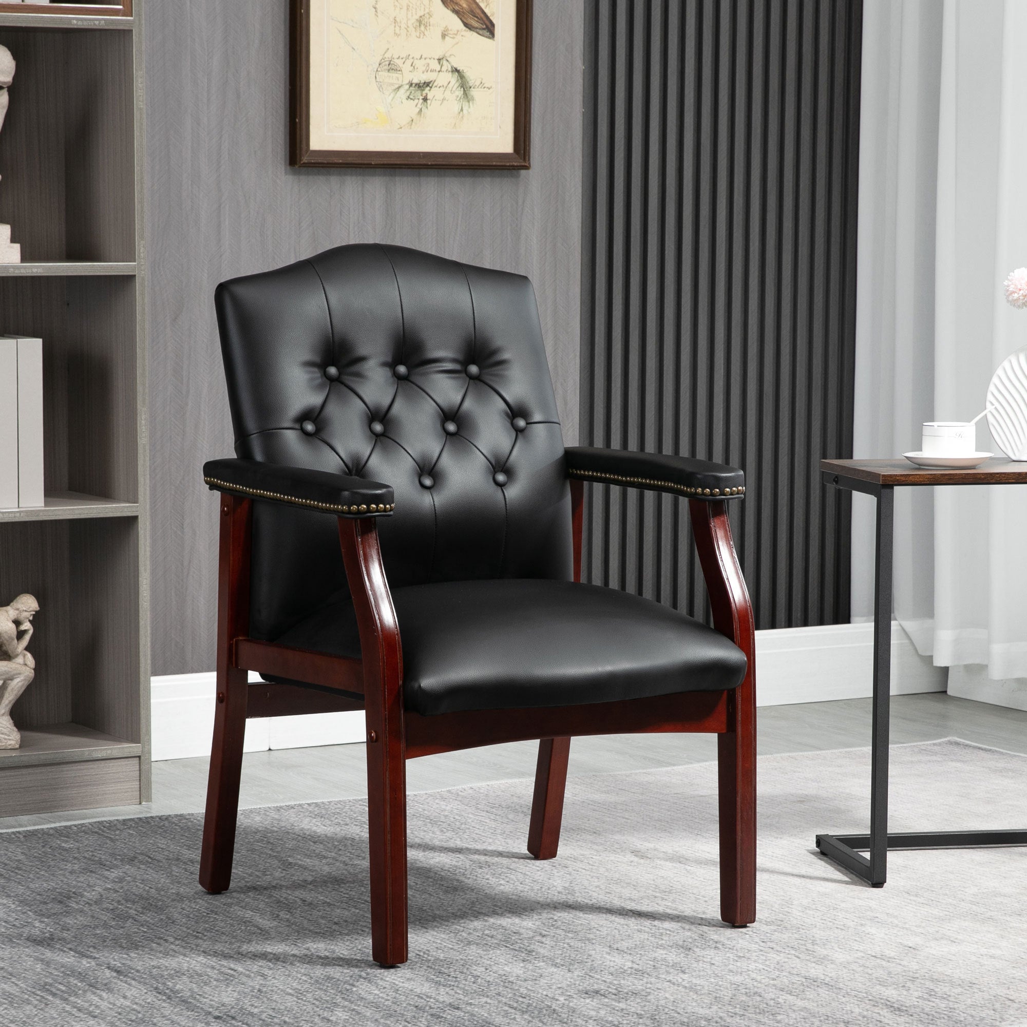 Black Leather Tufted Reception Guest Chair with Padded Arms