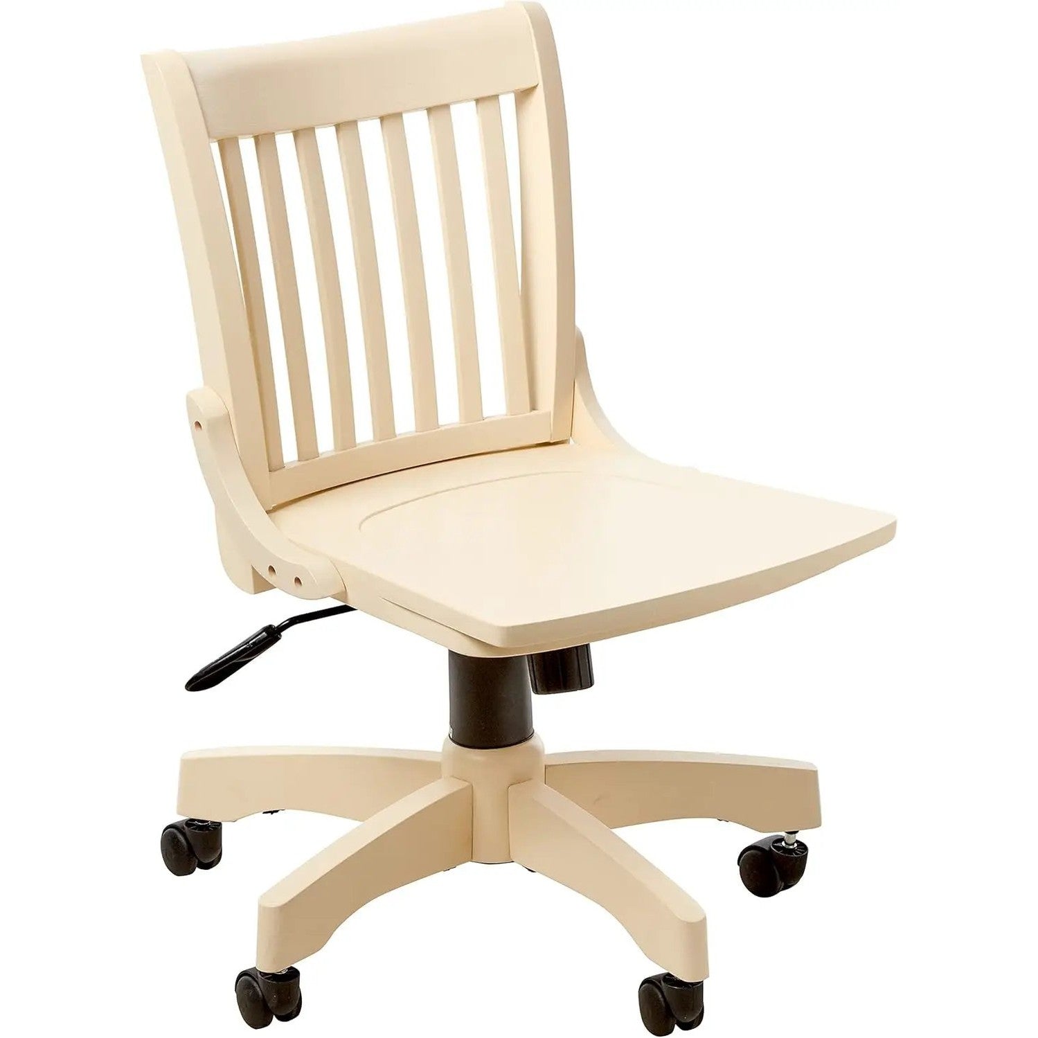 Deluxe armless wooden banker’s desk chair in antique white with adjustable height and locking tilt