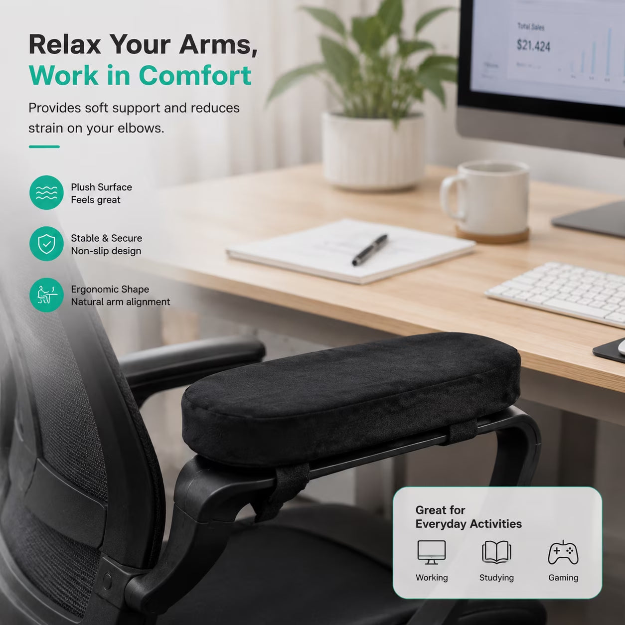 2 Pack Adjustable Strap Arm Cushion, Thick Memory Foam Office Chair Armrest Cushion, Soft Plush Elbow Support Arm Pad, Universal Gaming Chair Arm Rest Pillow Desk Chair Arm Covers