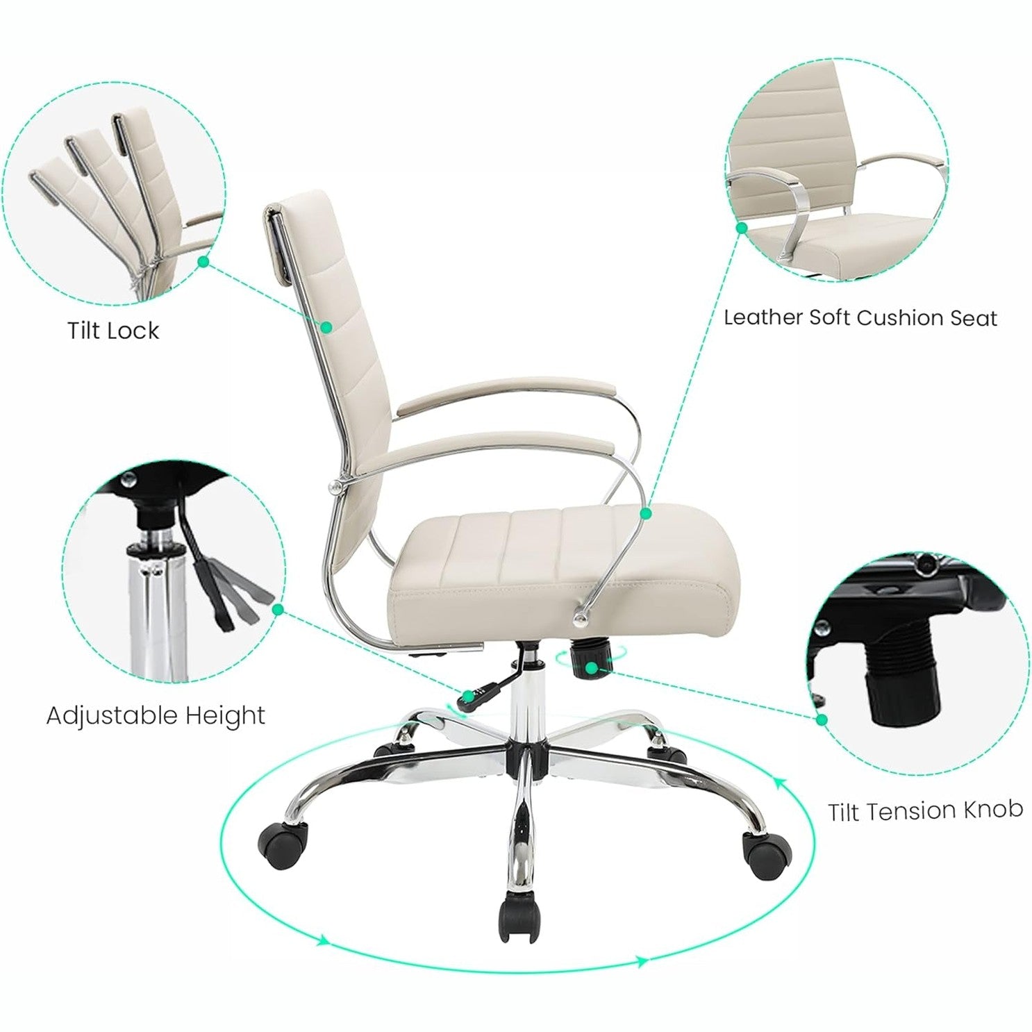 Leisuremod Benmar Leather Office Desk Chair, Mid-Back Ergonomic Swivel Chair with Lumbar Support, Adjustable Height, Tilt Lock, Cushioned Seat & Back, Home Office Task Chair (Tan, Single)