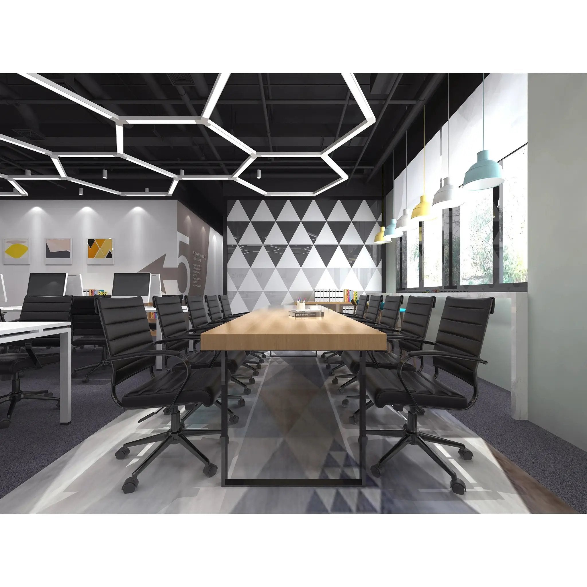 Black Office Chairs Mid Back Ribbed PU Leather Executive Task Work Conference with Arms Wheels Tilt Swivel Rolling