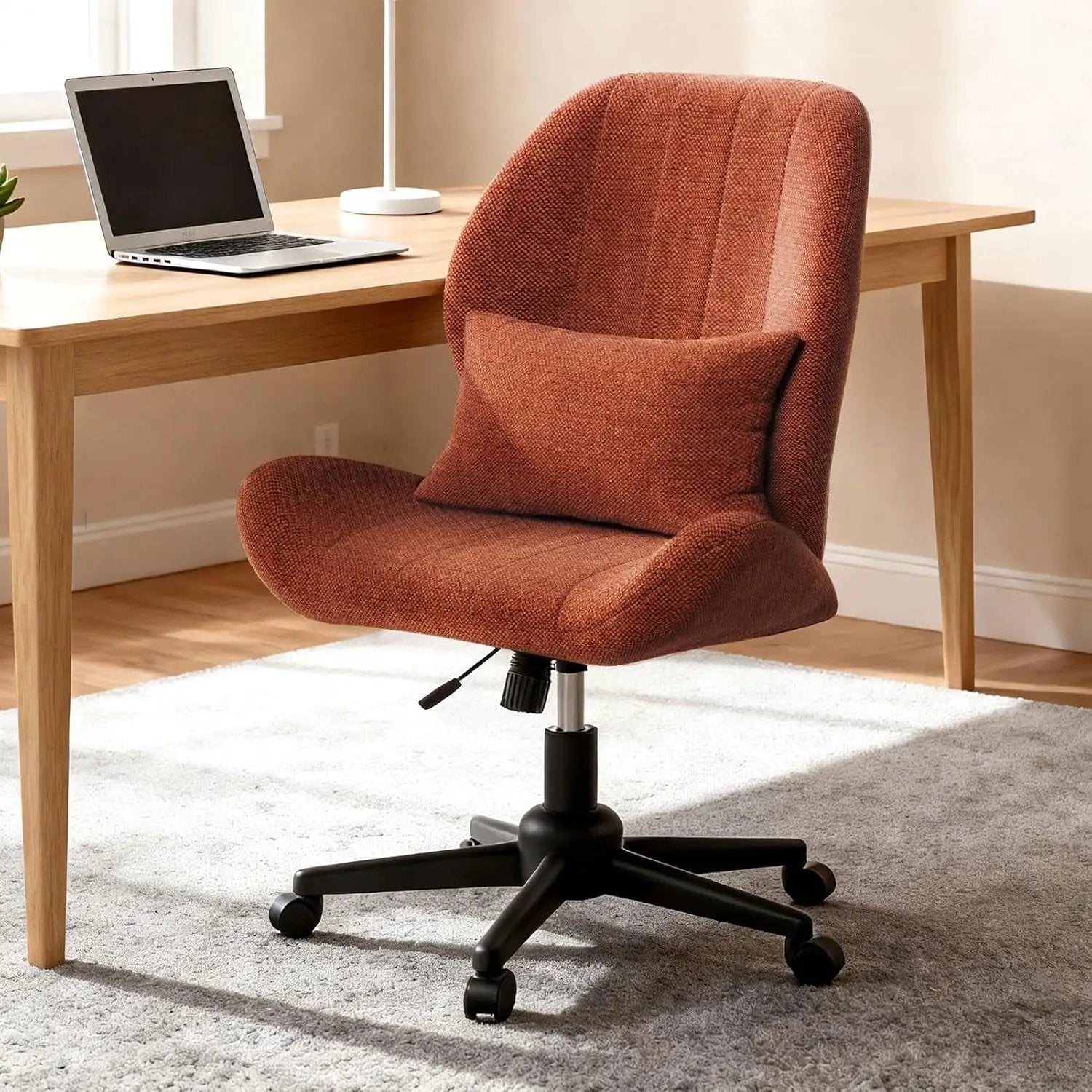 ZZW Criss Cross Chair with Wheels, Wide Cross Legged Office Chair Armless Comfy Desk Chair with Tall Back Vanity Chairs with Stress Relief Curved Design Seat for Bedroom & Office & Home Oatmeal
