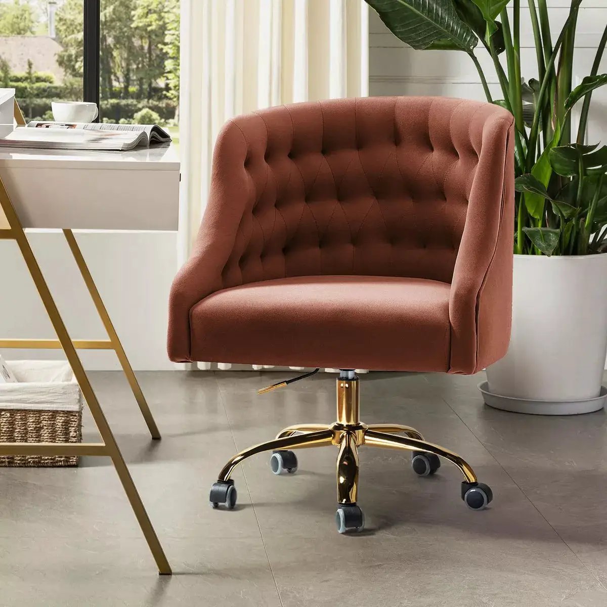 Anika Modern Velvet Height-Adjustable Swivel Task Office Chair with Button-Tufted Back and Gold Base | Karat Home