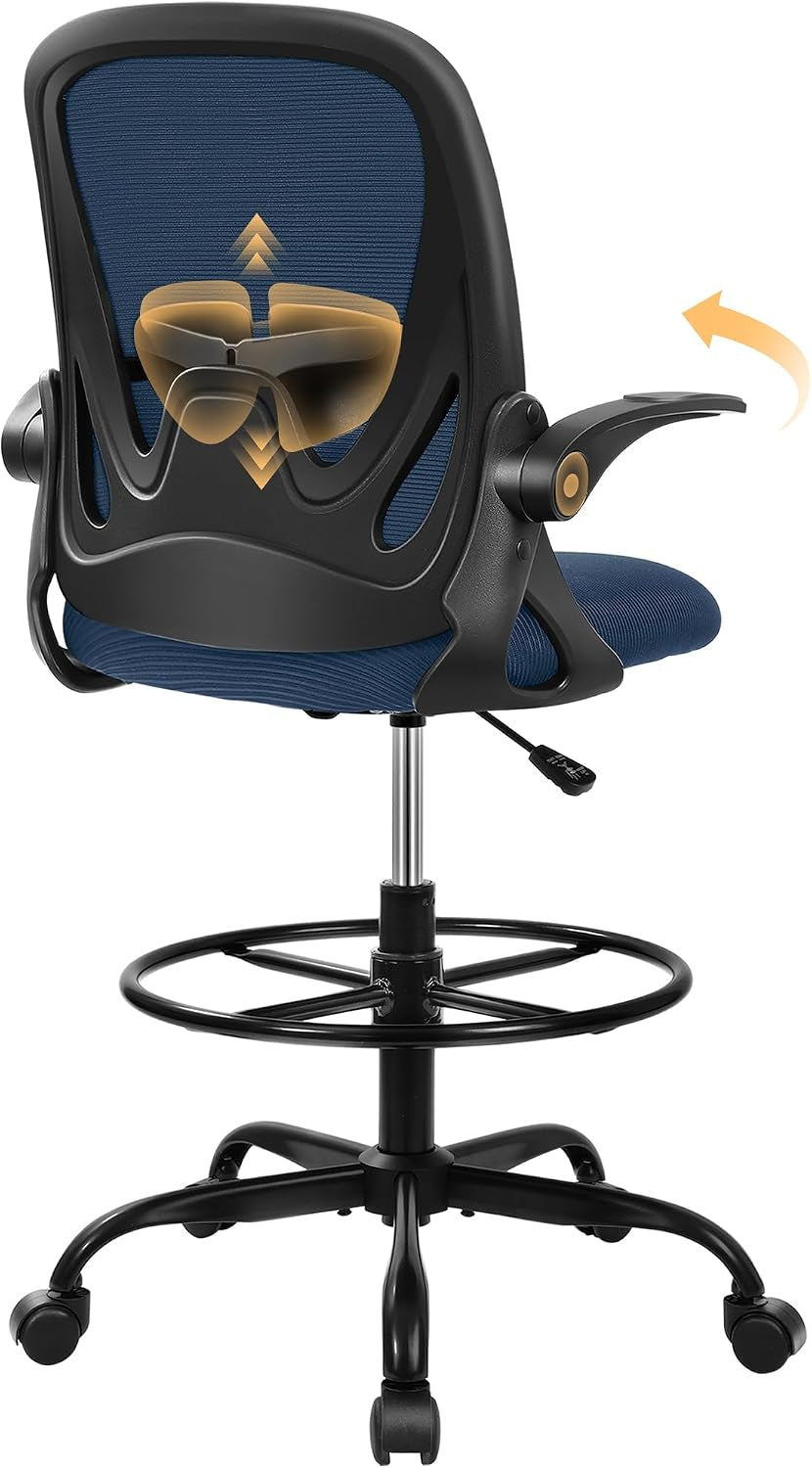 Primy Drafting Chair Tall Office Chair with Flip-Up Armrests Executive Ergonomic Computer Standing Desk Chair with Lumbar Support and Adjustable Footrest Ring（Blue）
