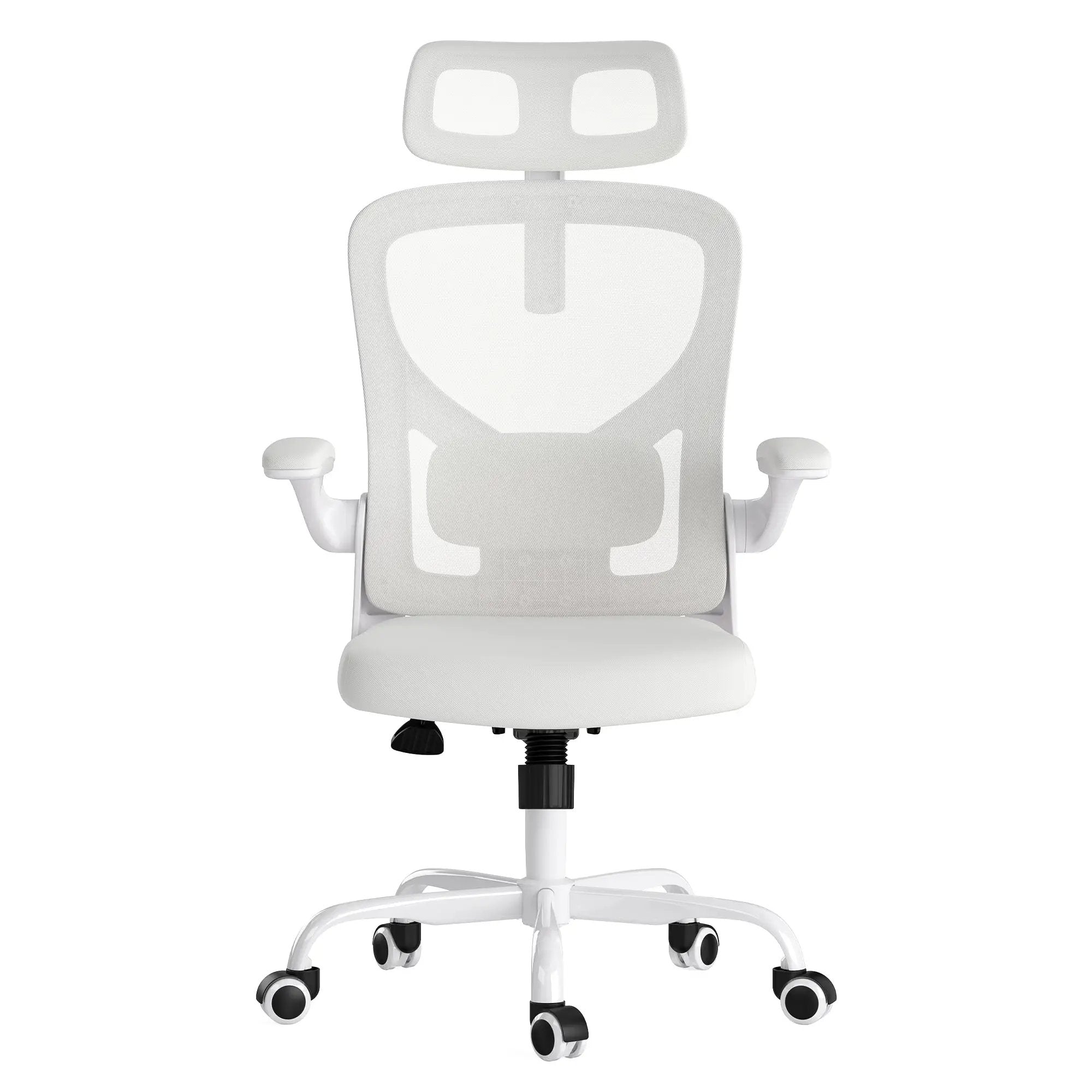 Ergonomic white office chair with headrest, high mesh back, adjustable lumbar support and armrests on a wheeled base.