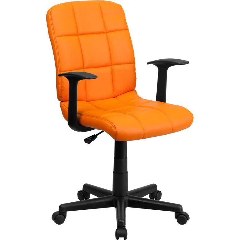 Orange Quilted Vinyl Mid Back Swivel Task Chair With Arms