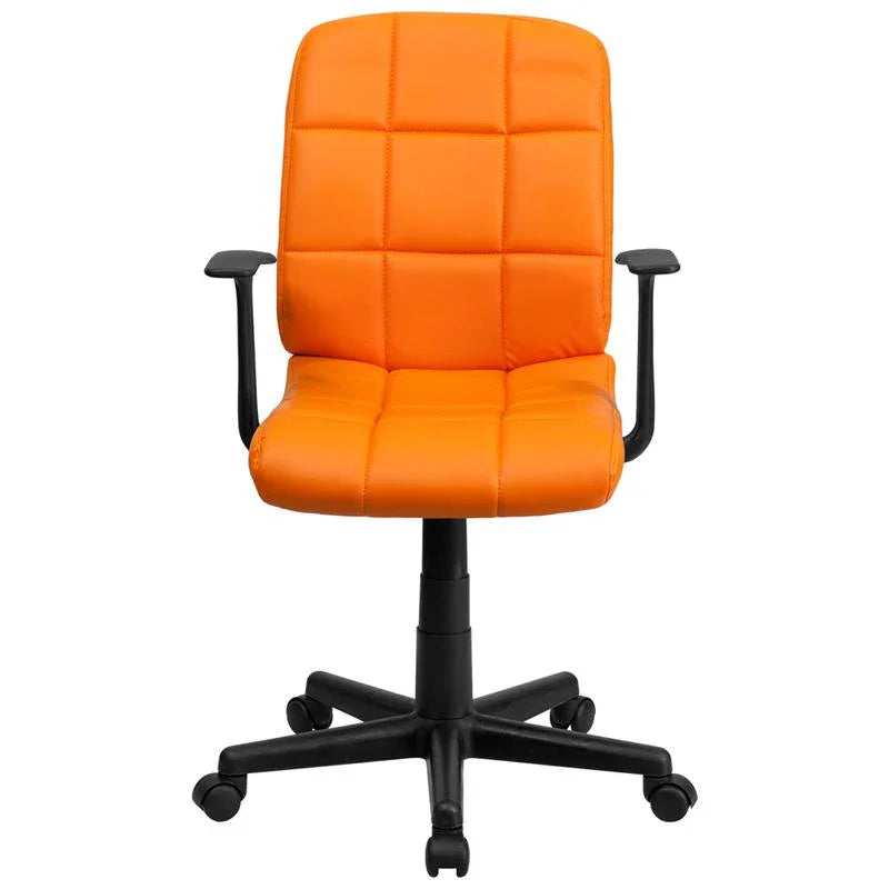 Orange Quilted Vinyl Mid Back Swivel Task Chair With Arms