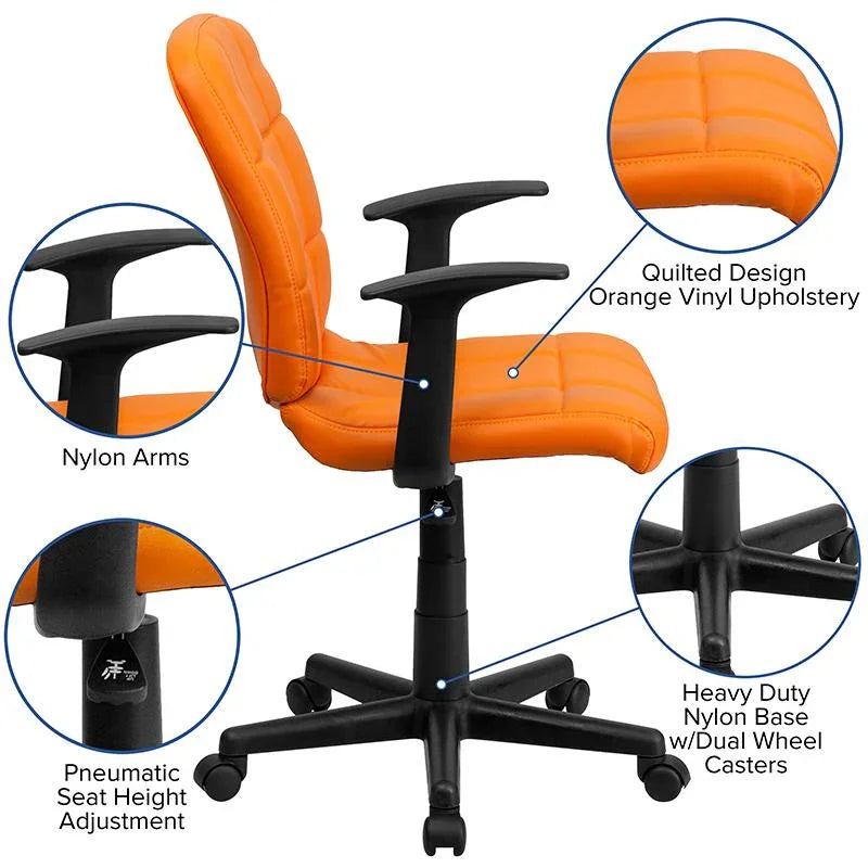 Orange Quilted Vinyl Mid Back Swivel Task Chair With Arms