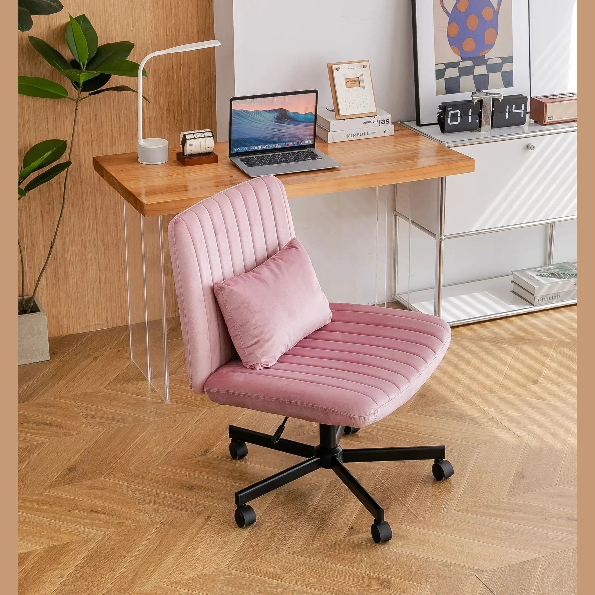 Light Pink Velvet Criss Cross Armless Office Chair With Wheels Makeup by Platinum-Level Office Chairs