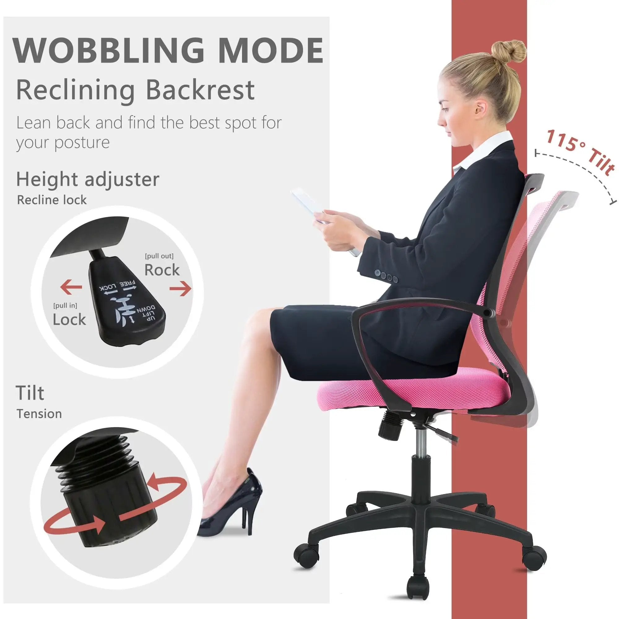 Paylesshere Ergonomic Office Chair with Lumbar Support, Adjustable Height, Swivel Casters, Pink, 1 Pack
