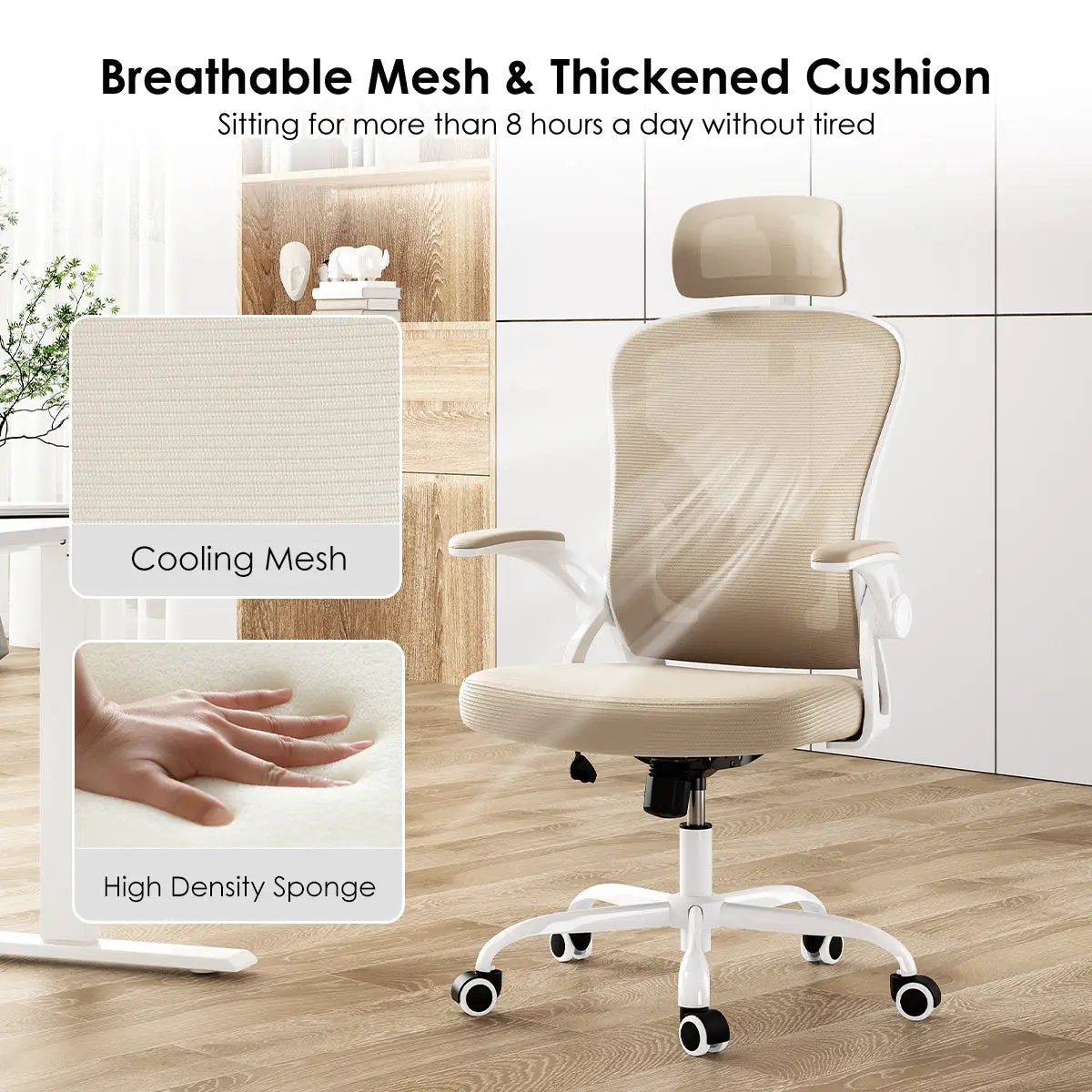 Ergonomic office chair in white and khaki with mesh back, headrest, armrests and lumbar support on a wheeled base