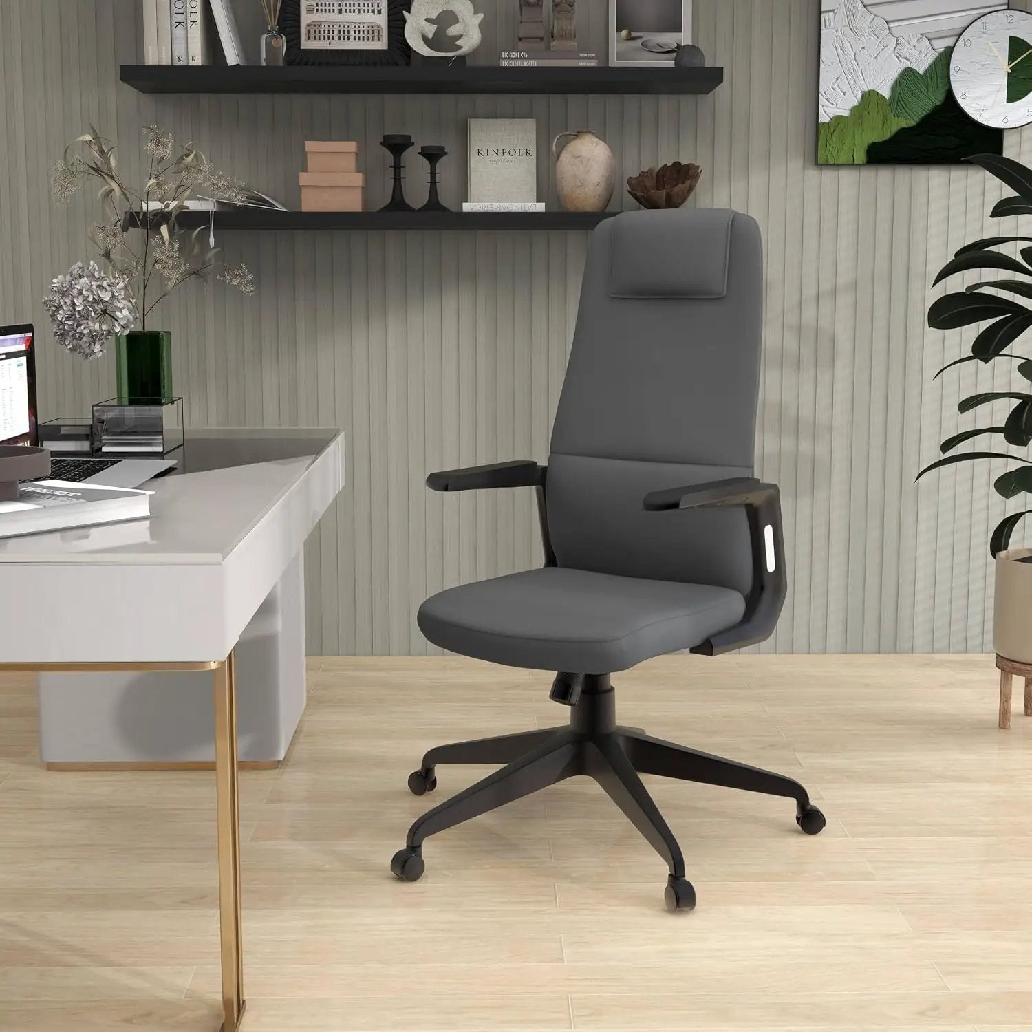 Leisuremod Ergonomic High-Back Leather Office Chair - Grey Swivel Desk Chair with Adjustable Height, Tilt, Padded Headrest & Double Wheel Casters, Comfortable for Home or Office