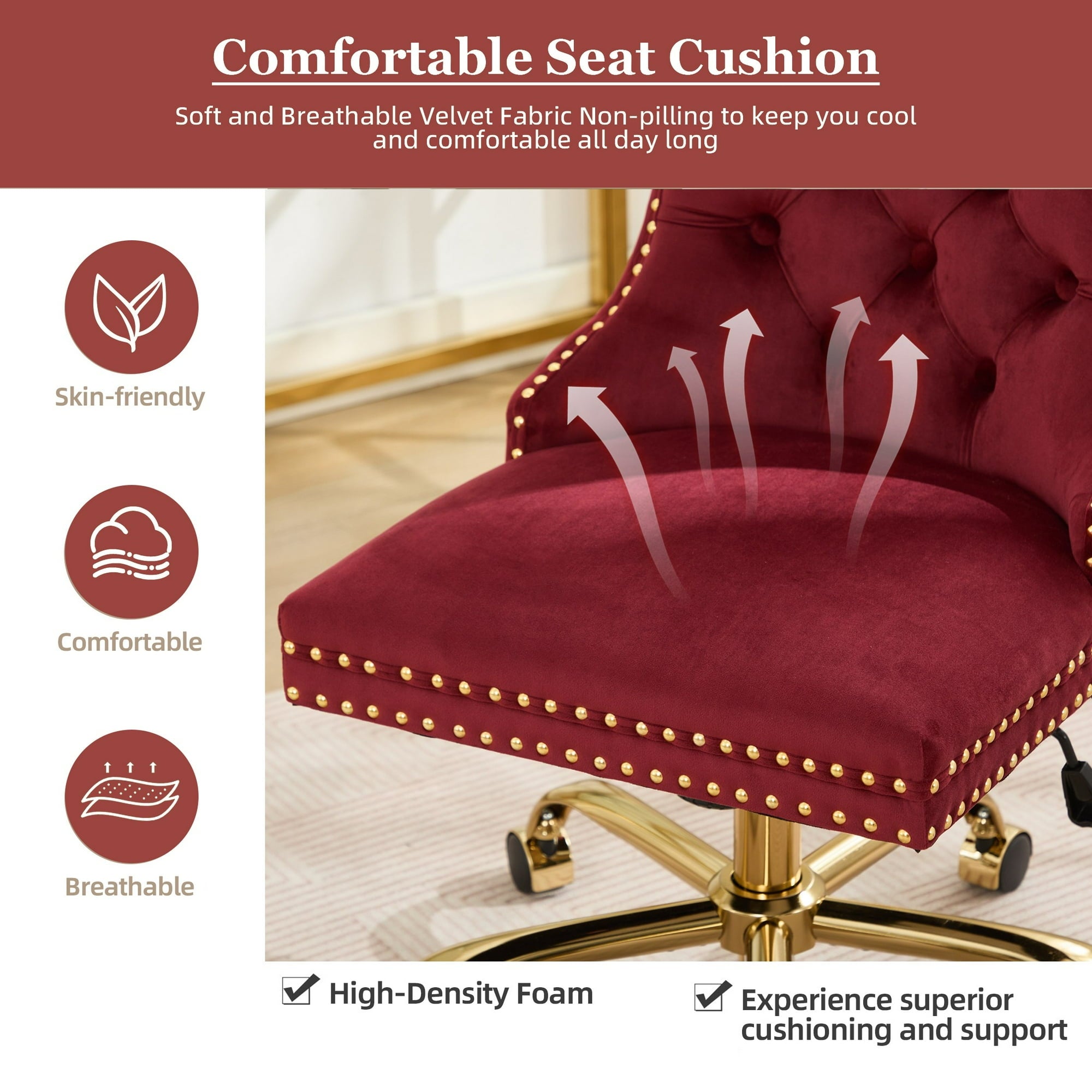 Wine Red Velvet Tufted Office Chair, A&A Furniture Classic Swivel Bedroom Chair with Golden Metal Base and Nailhead Trim - Platinum-Level Office Chairs