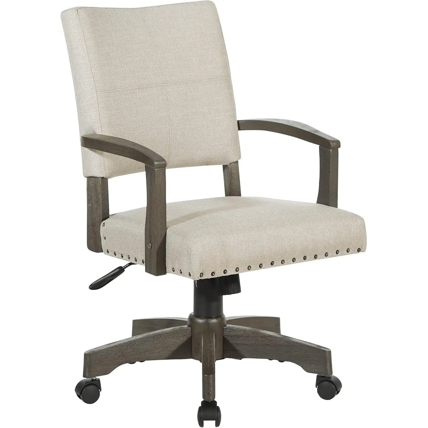 Office Star Santina cushioned banker’s desk chair in beige Ivy fabric with dark wood arms, nailhead trim, rolling base.