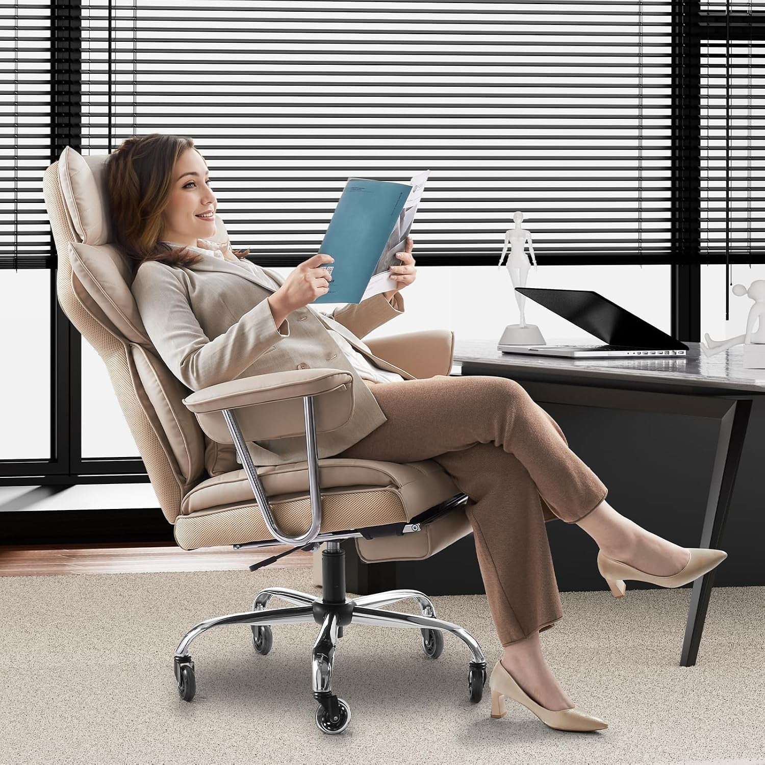 Brown PU leather reclining office chair – view 2