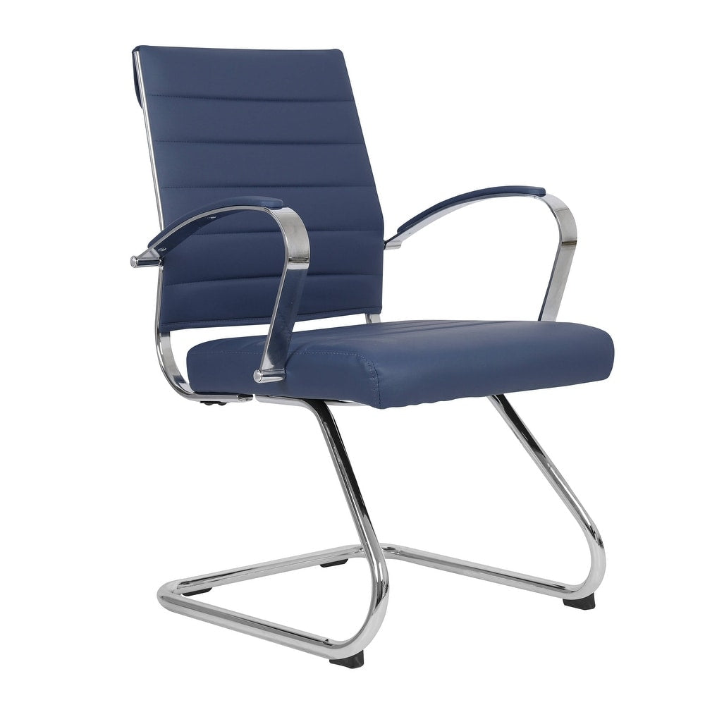 24 PCS Benmar Leather Upholstered Computer Office Chair with Sled Base, Padded Armrests for Home or Office - Navy Blue