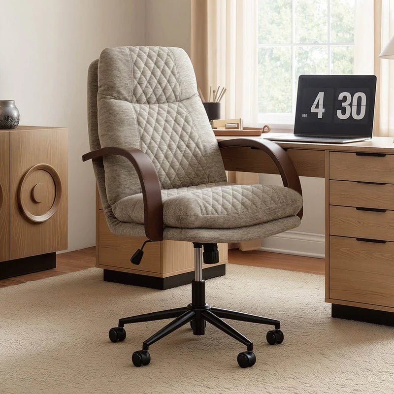 Upholstered Swivel Office Chair with Wood Arms