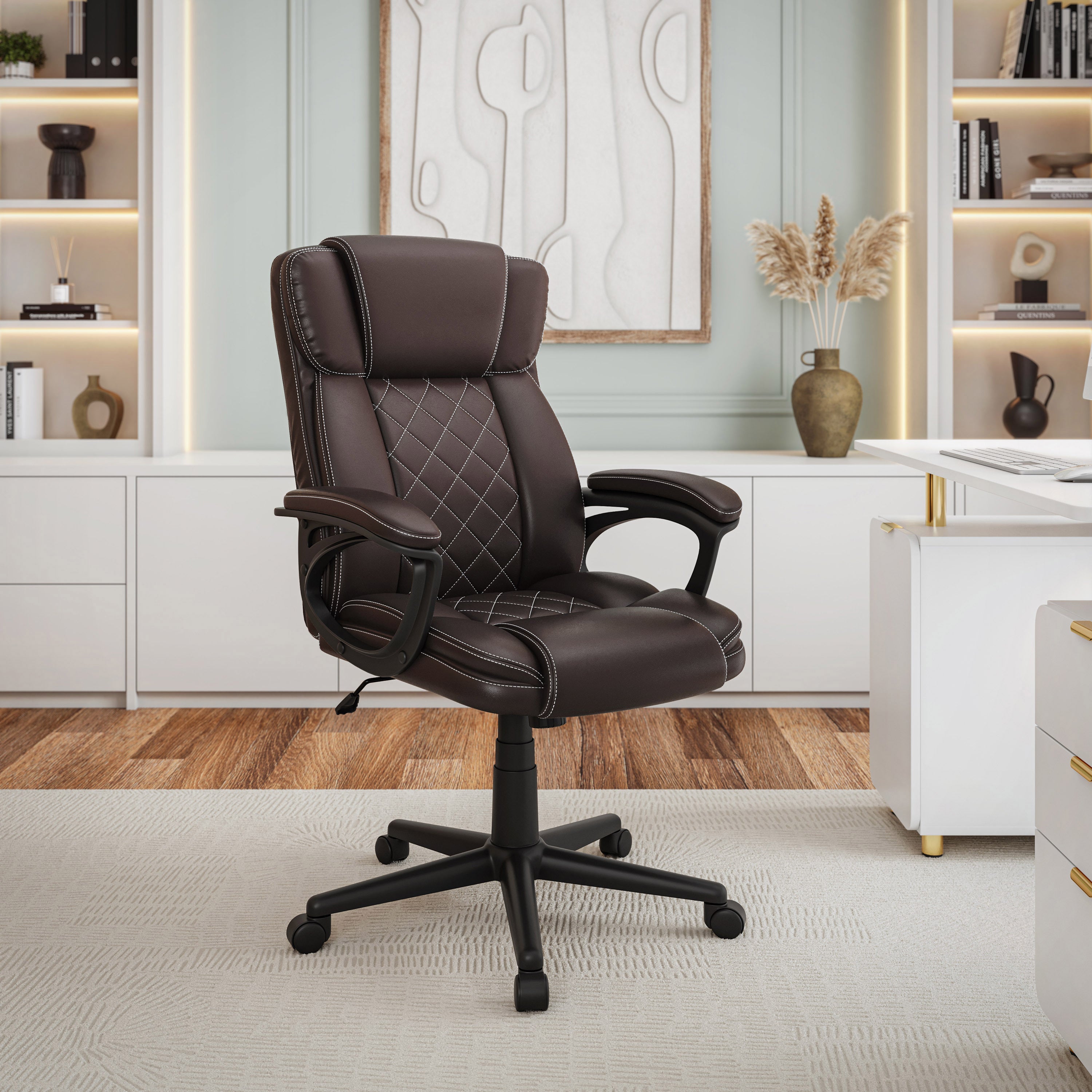 Techni Mobili High Back Executive Chair, Brown Faux Leather - Platinum-Level Office Chairs
