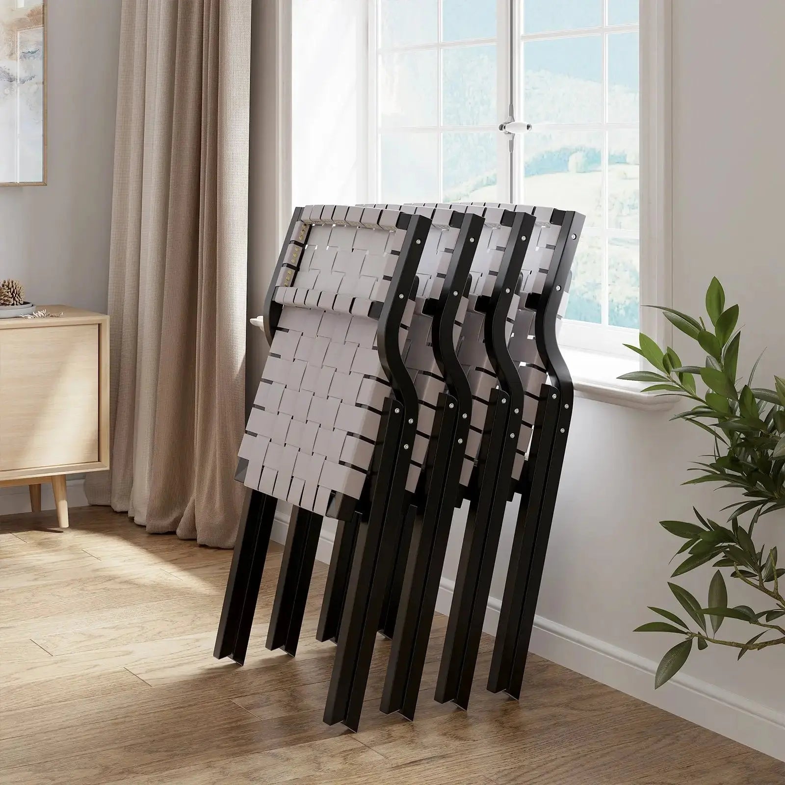 Black Wood Folding Chairs with Woven Seats - Set of 2 - Platinum-Level Office Chairs