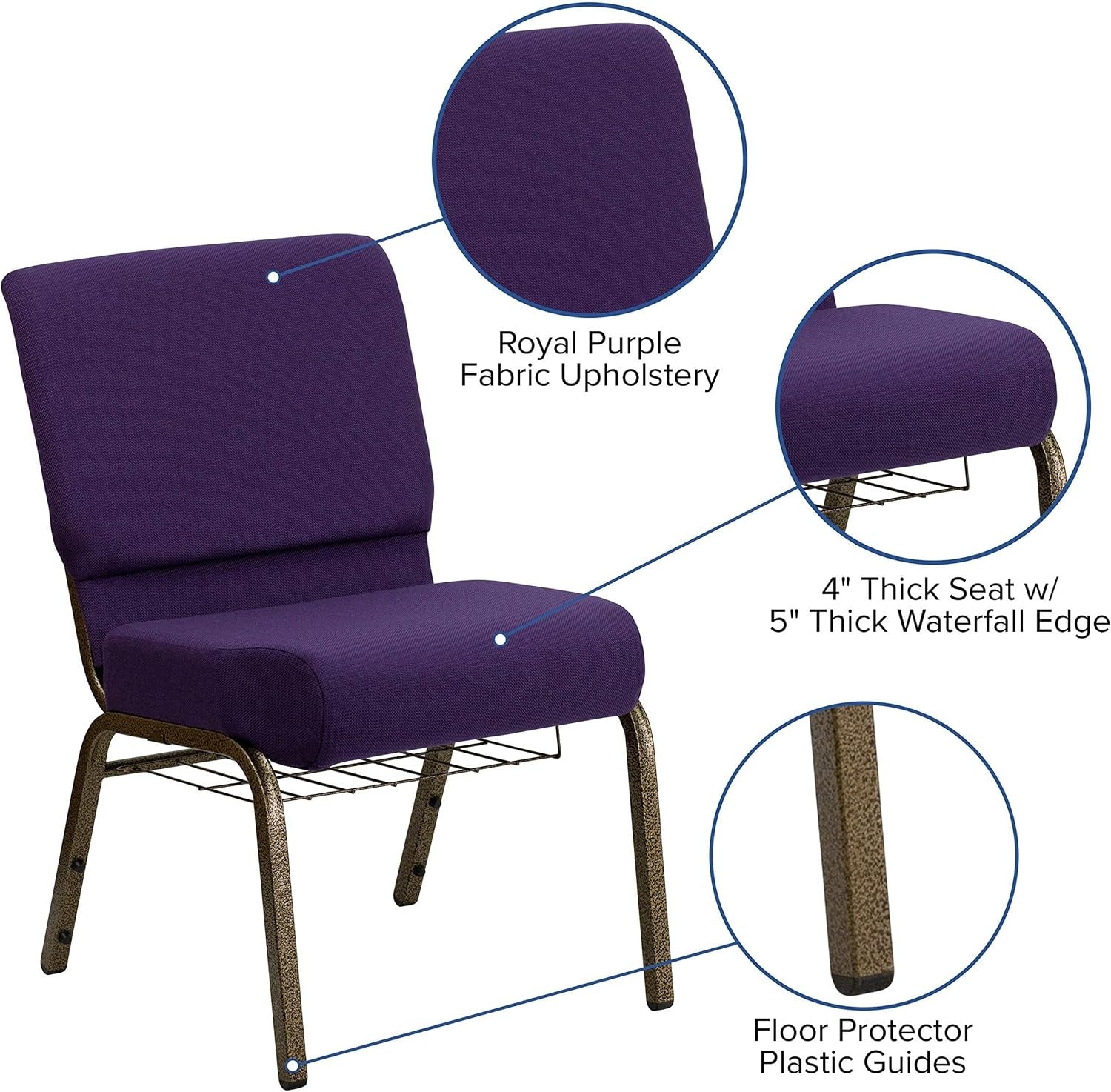 Flash Furniture HERCULES Series 21''W Church Chair in Royal Purple Fabric with Cup Book Rack - Gold Vein Frame