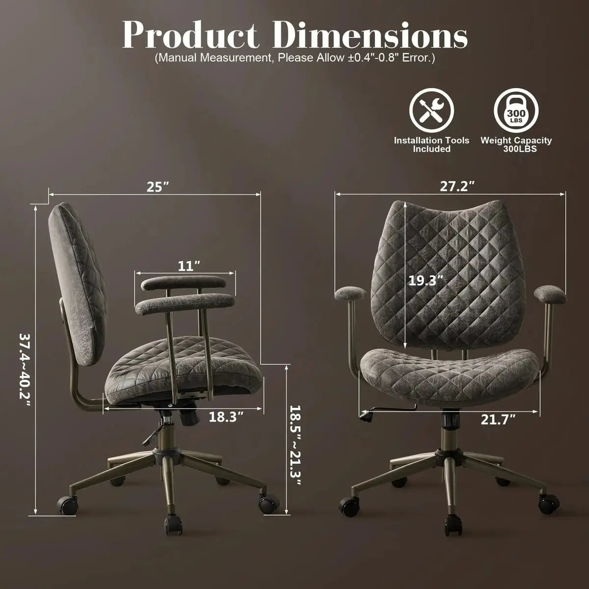 HOOOWOOO Mid-Century Leather Ergonomic Adjustable Swivel Office Chair