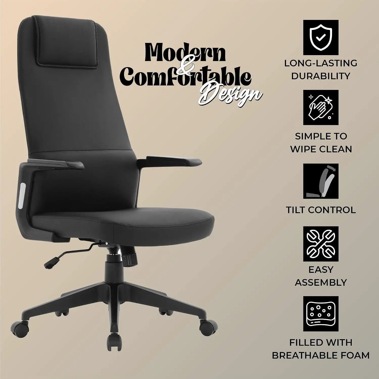 Leisuremod Ergonomic High-Back Leather Office Chair - Black Swivel Desk Chair with Adjustable Height, Tilt, Padded Headrest & Double Wheel Casters, Comfortable for Home or Office