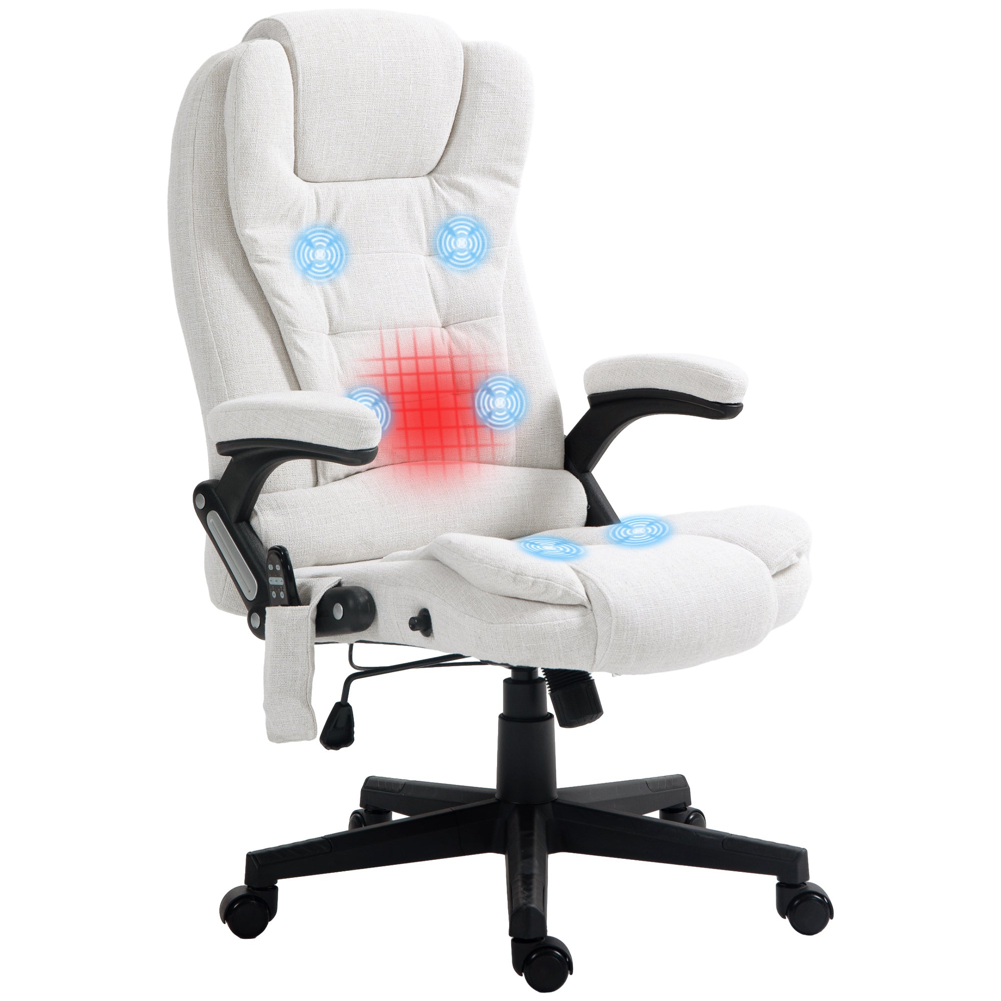 Cream white linen massage office chair with heat showing 6 vibration massage points and lumbar heating zone
